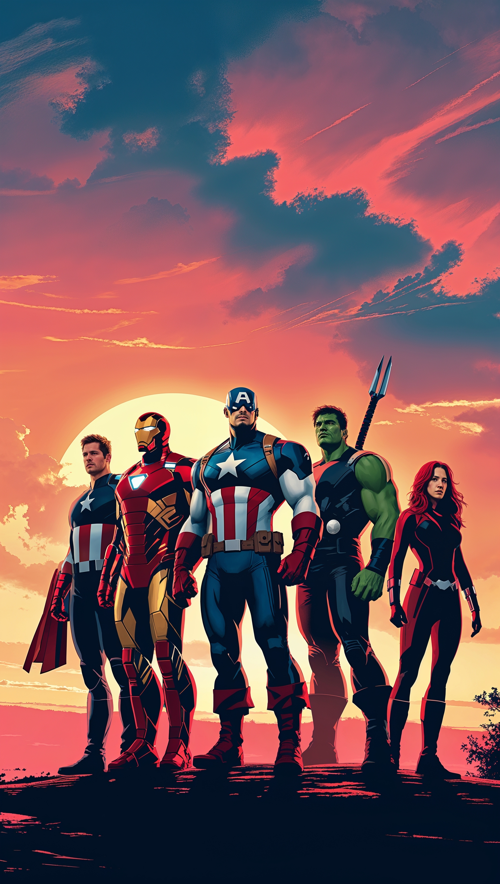 Avengers team silhouette against a sunset, dramatic sky, iPhone wallpaper size