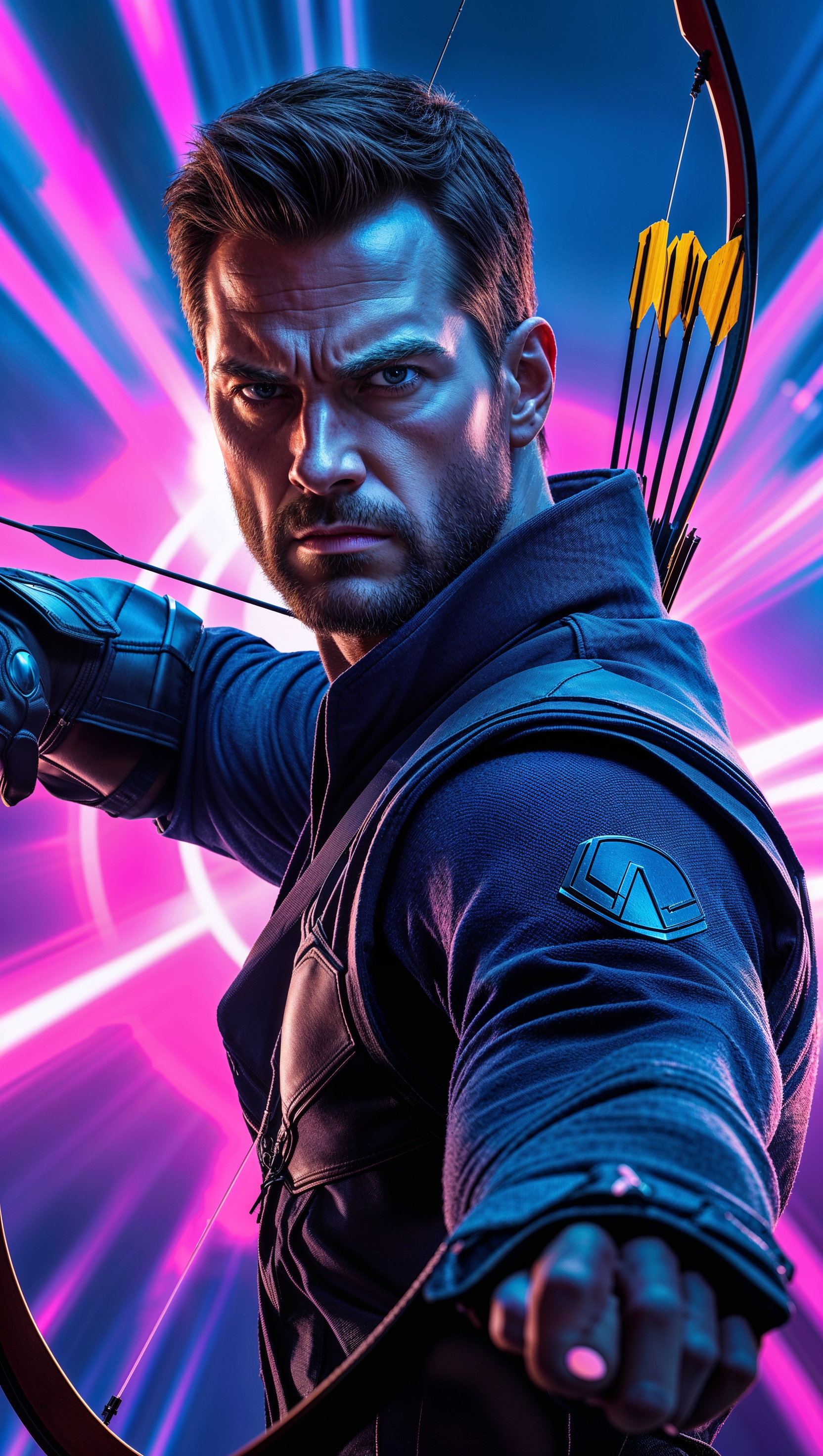 Hawkeye aiming with his bow, neon background, cinematic portrait for iPhone