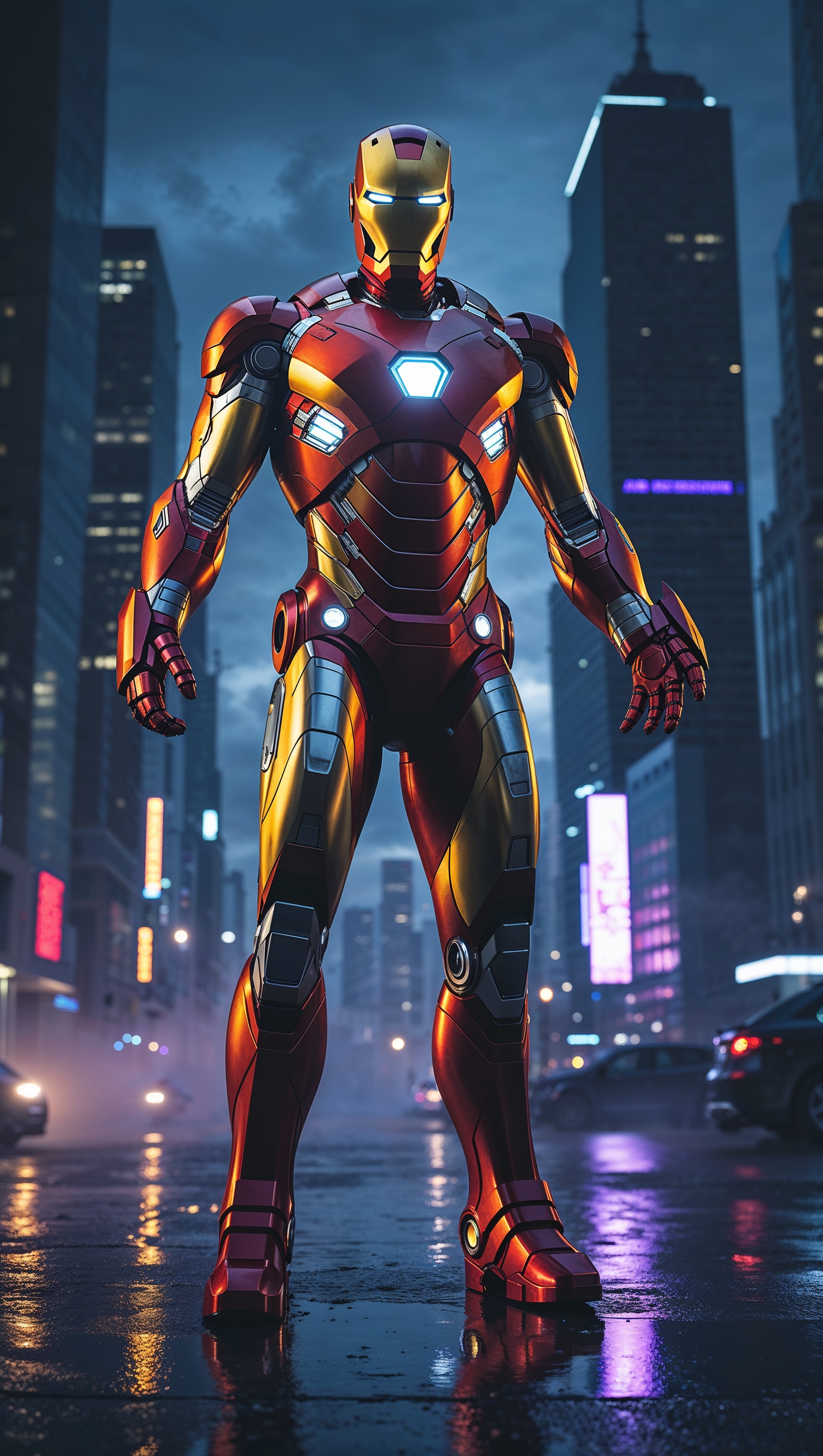 Iron Man in a futuristic city at night, glowing armor, iPhone wallpaper style