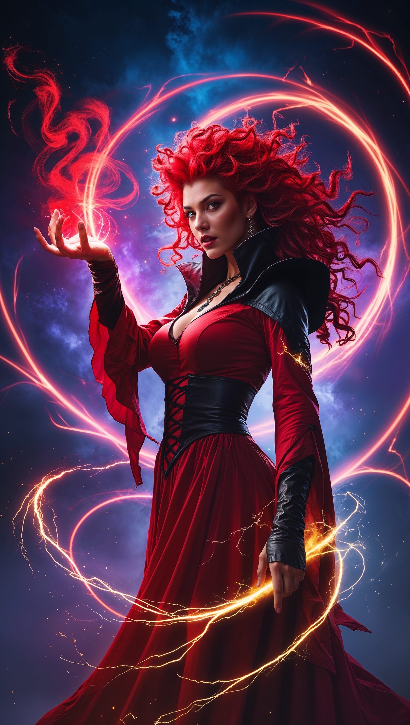 Scarlet Witch casting a red magic spell, glowing energy, iPhone wallpaper look