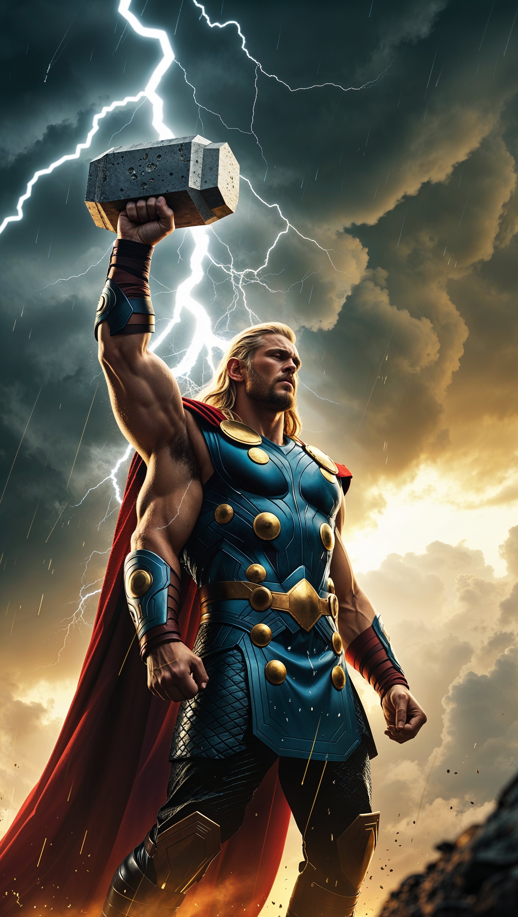 Thor summoning lightning with Mjölnir, epic stormy sky, iPhone wallpaper resolution
