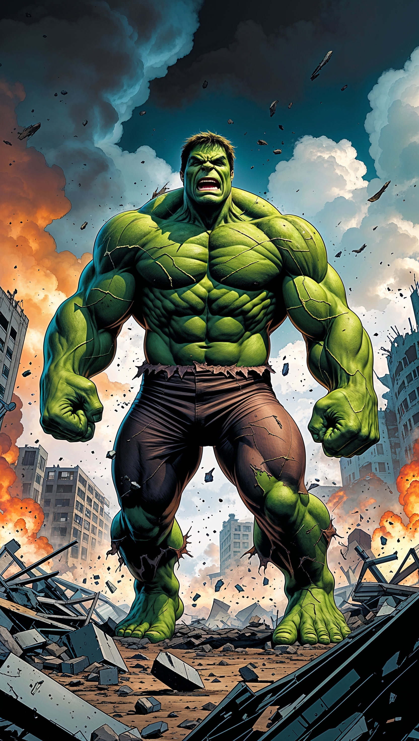 Hulk roaring in the middle of a battlefield, debris flying, iPhone wallpaper style