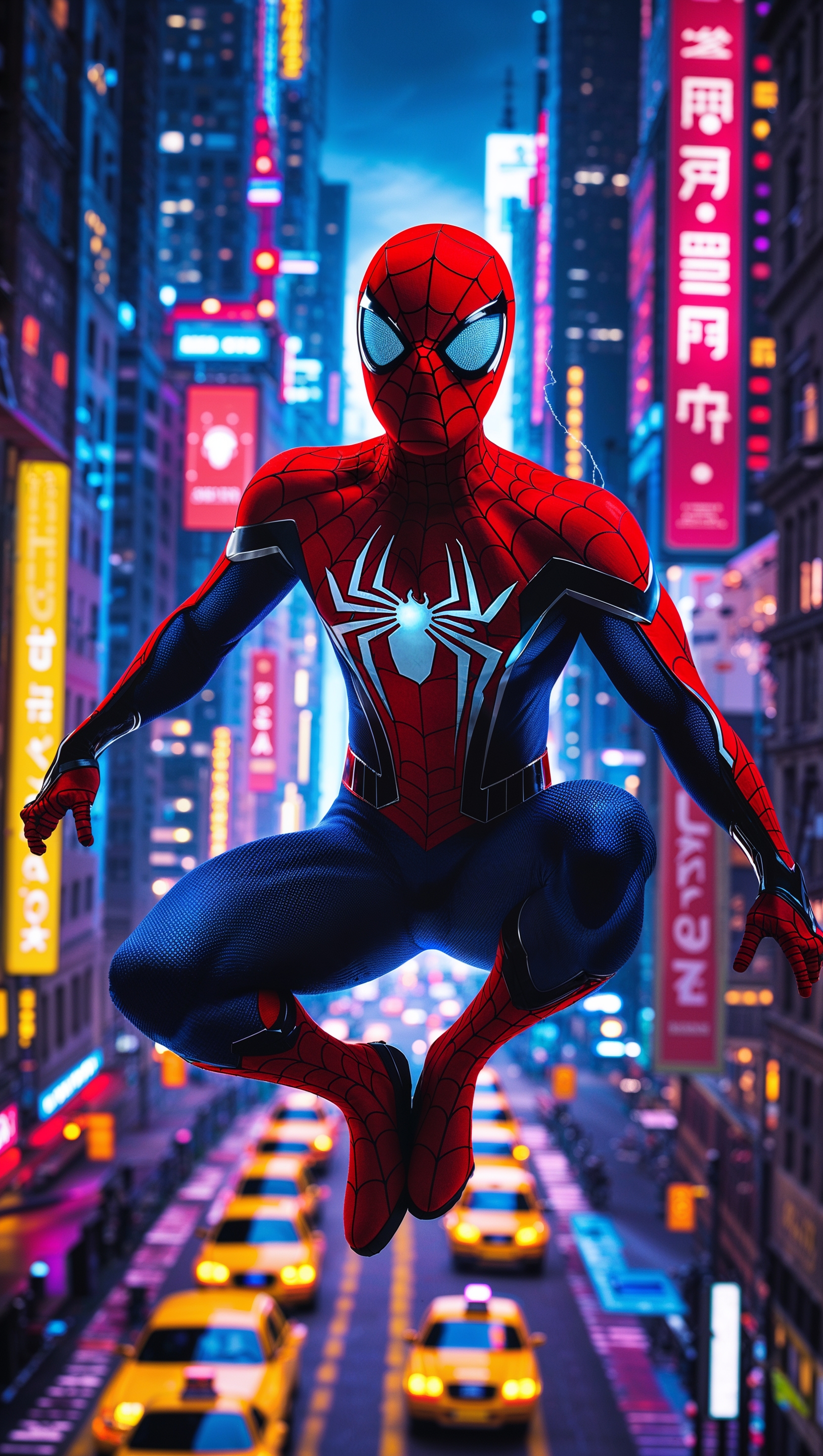 Spider-Man swinging between buildings at night, glowing city lights, iPhone background