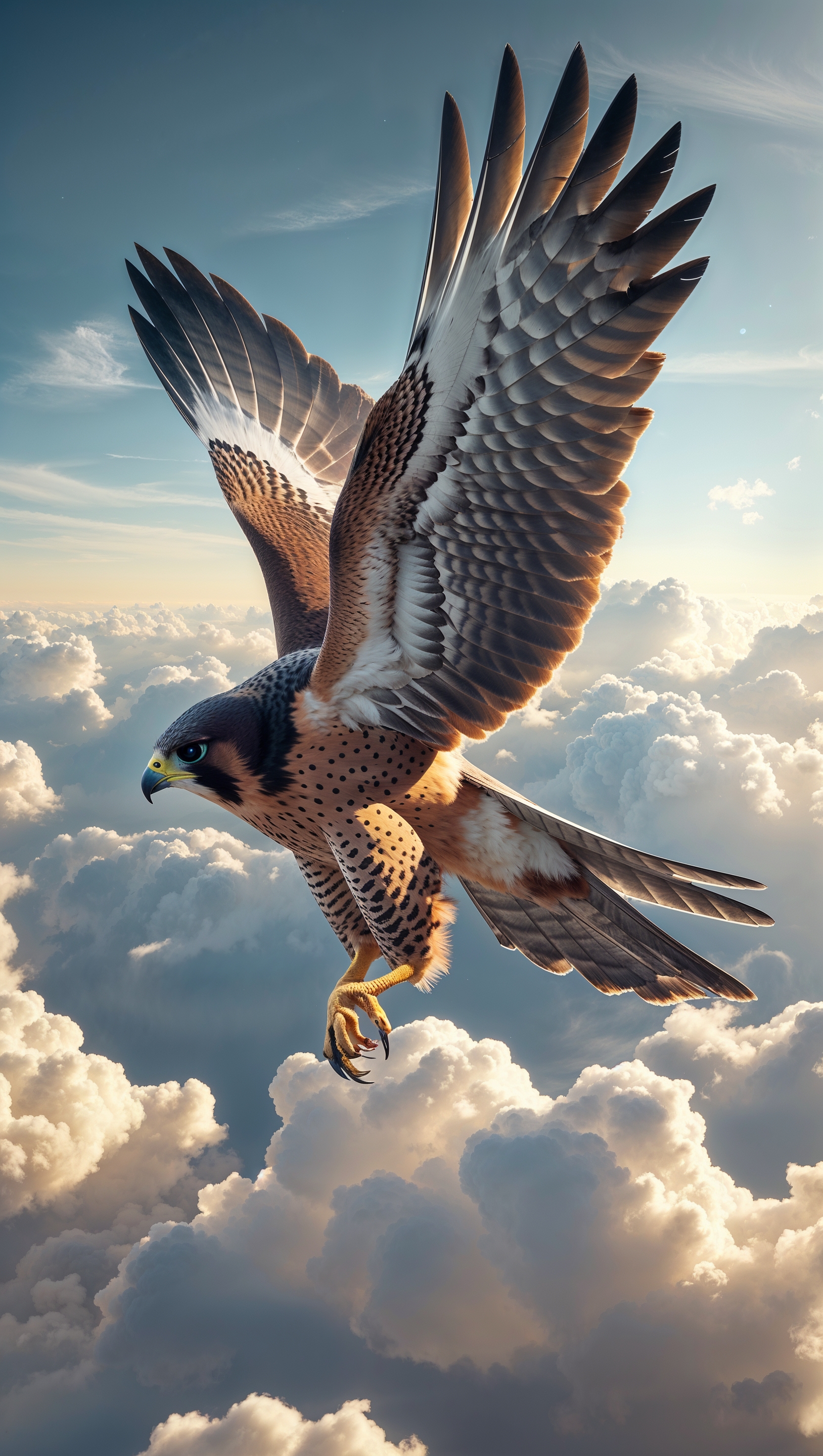 Falcon flying over clouds, tech wings spread, dynamic iPhone background