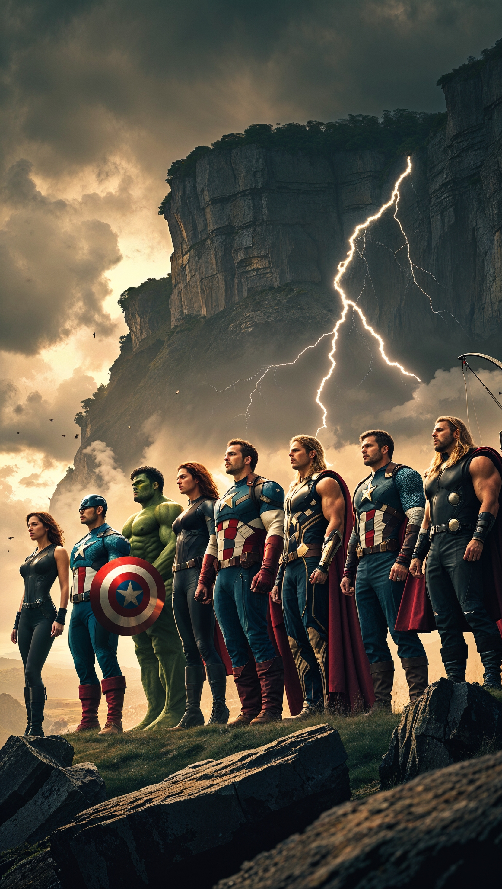 All Avengers standing on a cliff, stormy weather, heroic wallpaper