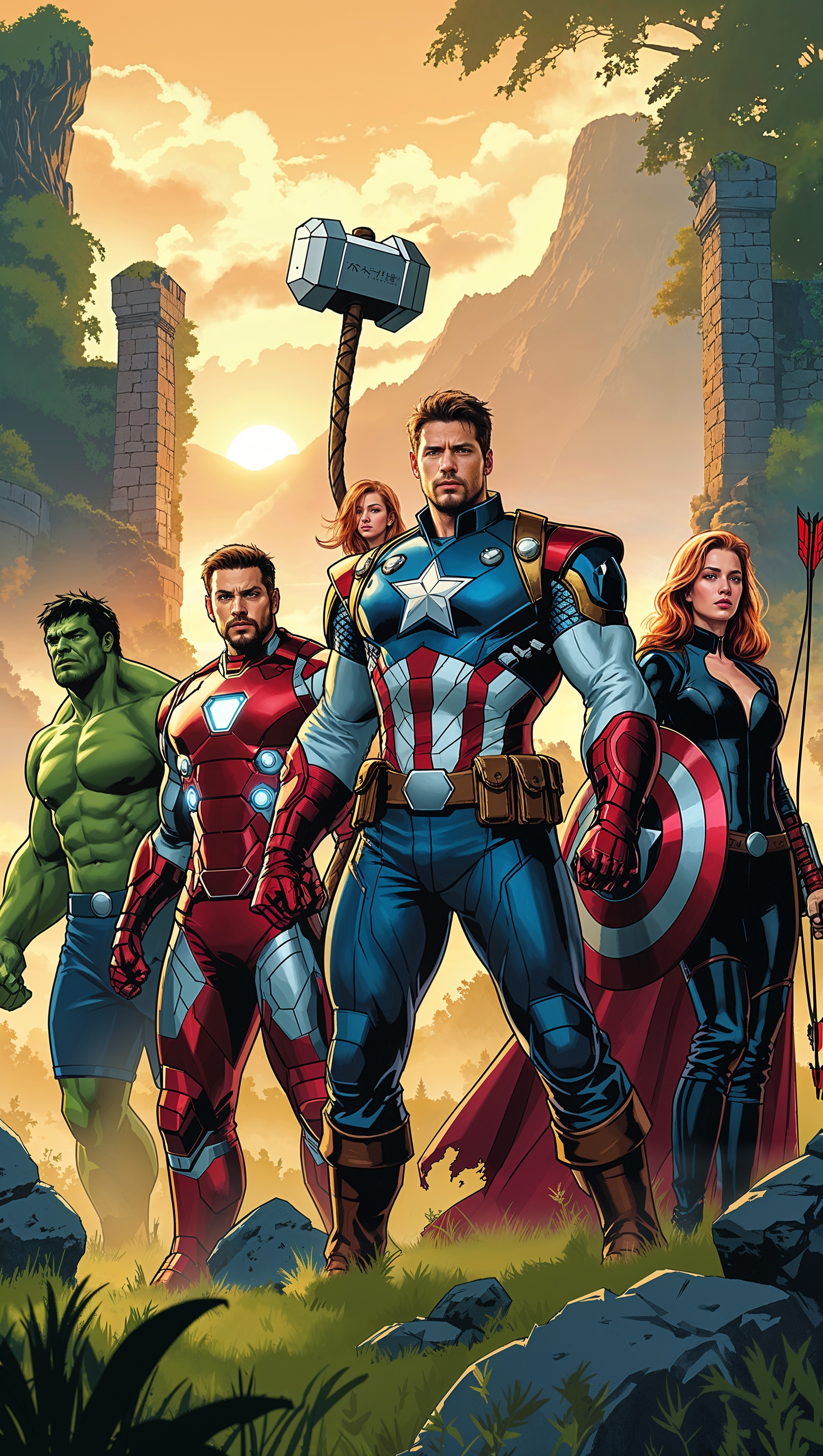 Avengers in medieval armor, fantasy setting, unique iPhone wallpaper