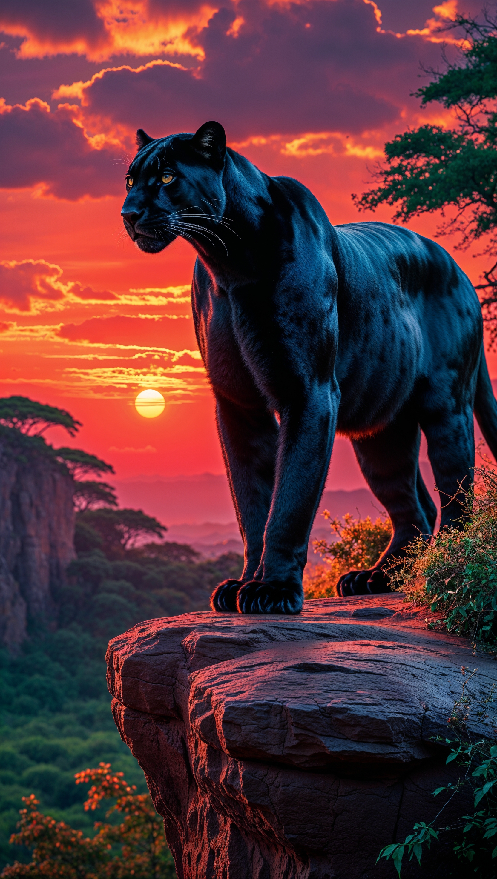 Black Panther standing on a cliff in Wakanda, sunset colors, iPhone resolution