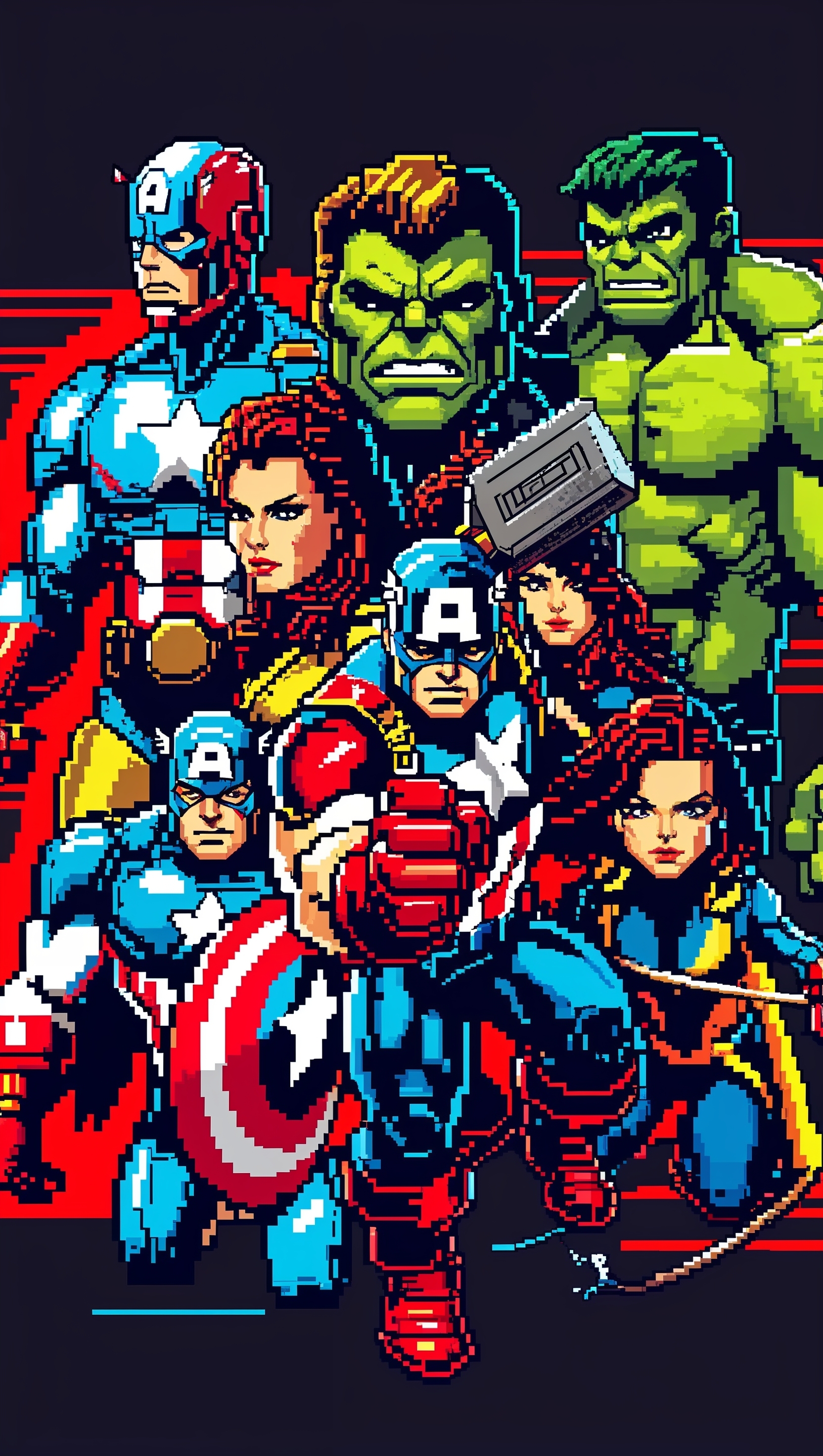 Pixel art Avengers lineup, 8-bit video game style, nostalgic iPhone wallpaper