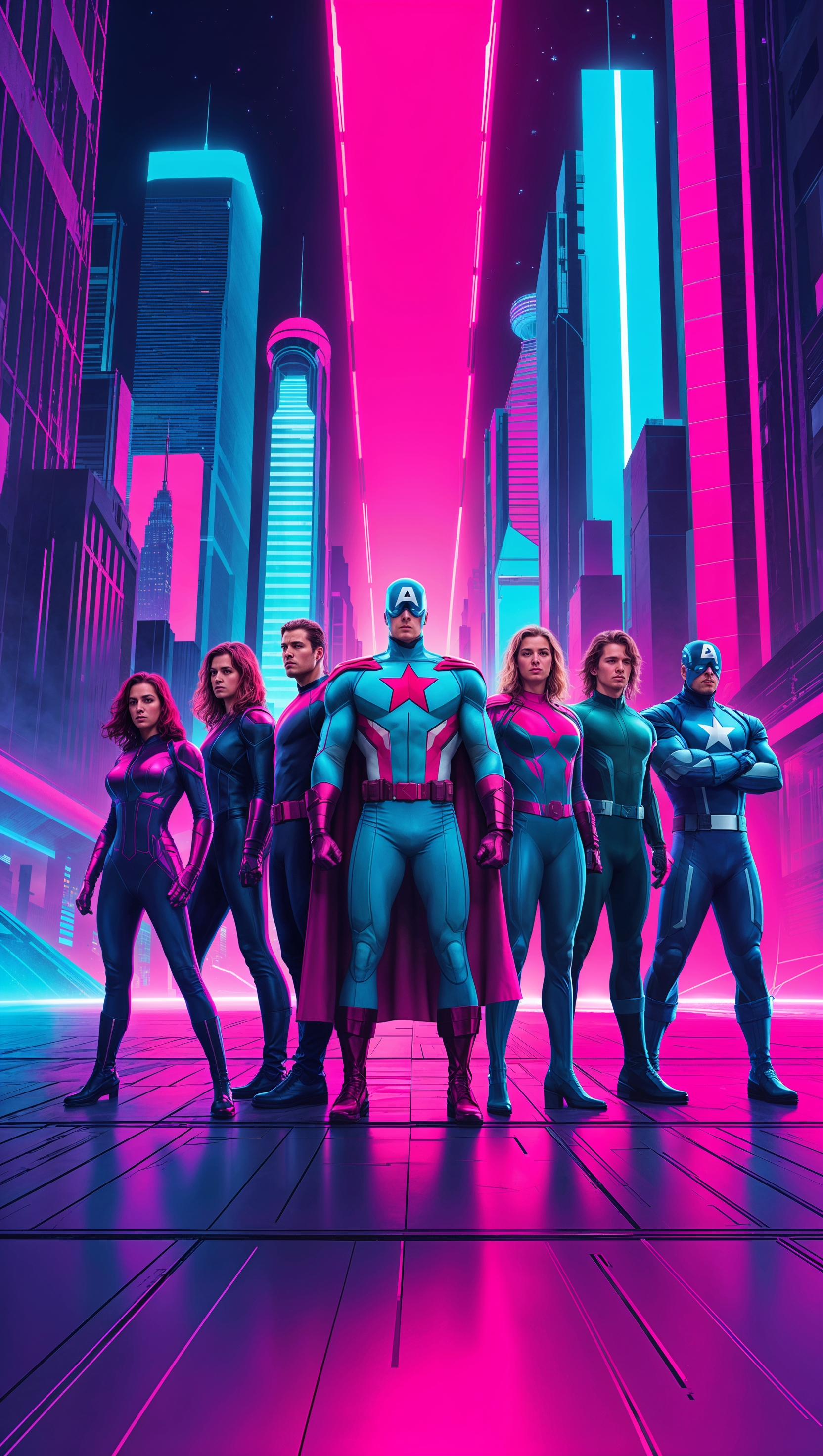 Retro 80s Avengers poster style, neon lights and synthwave colors
