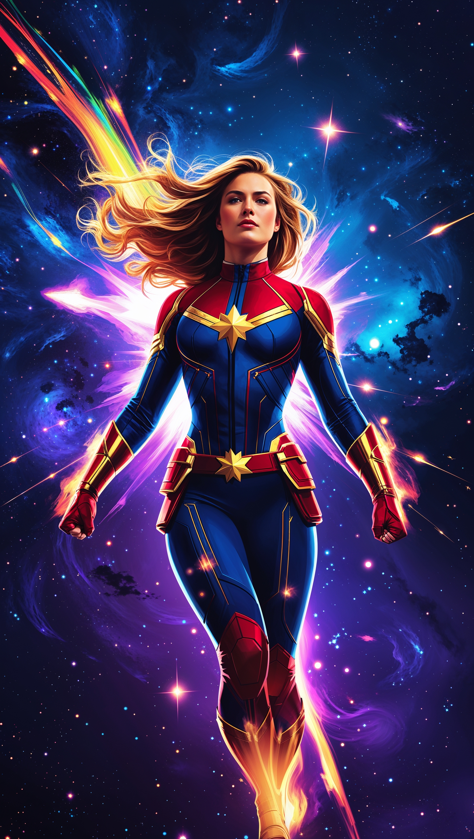 Captain Marvel flying through space, cosmic background, energetic iPhone wallpaper