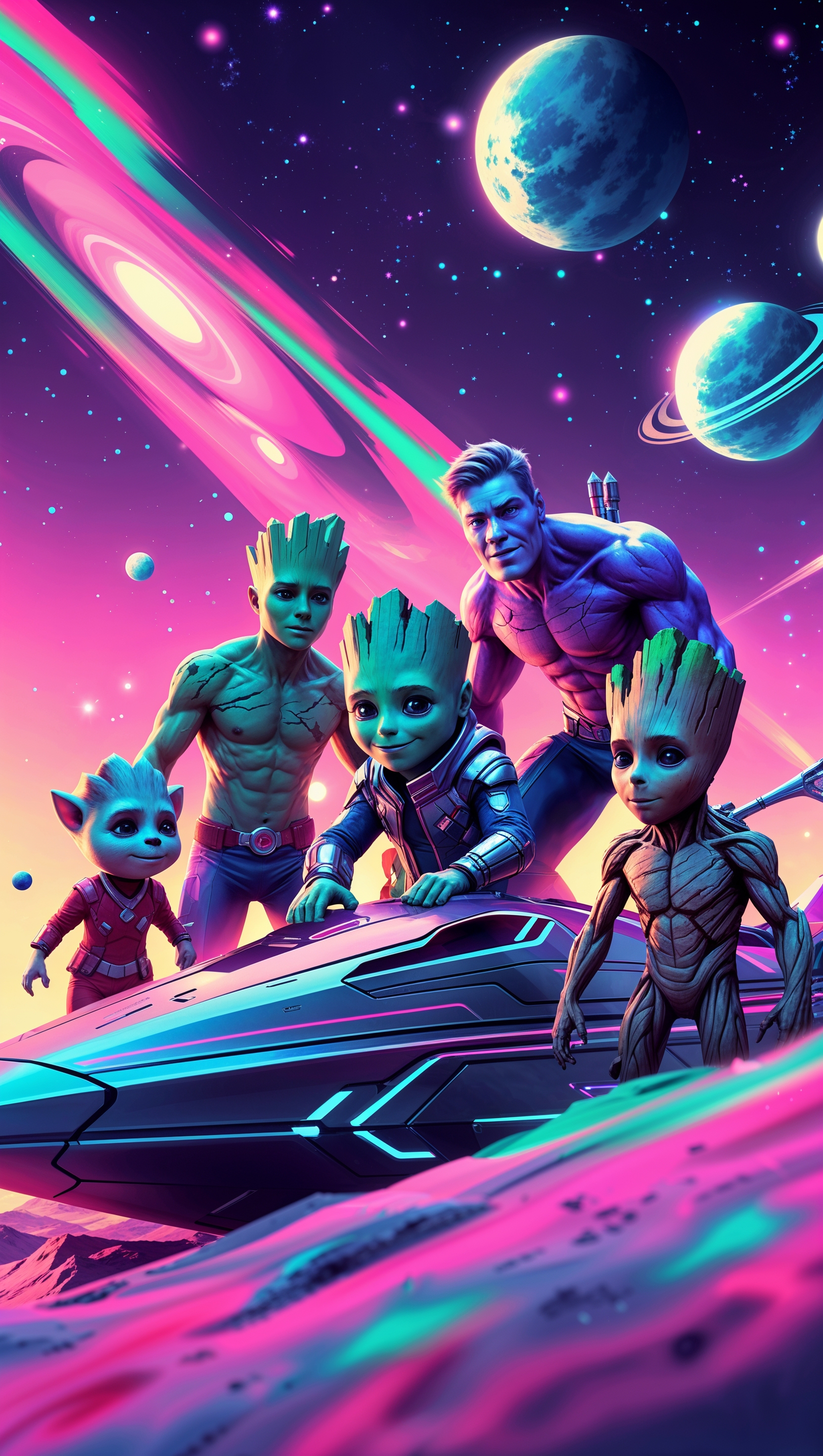 Guardians of the Galaxy in outer space, neon colors, fun iPhone wallpaper
