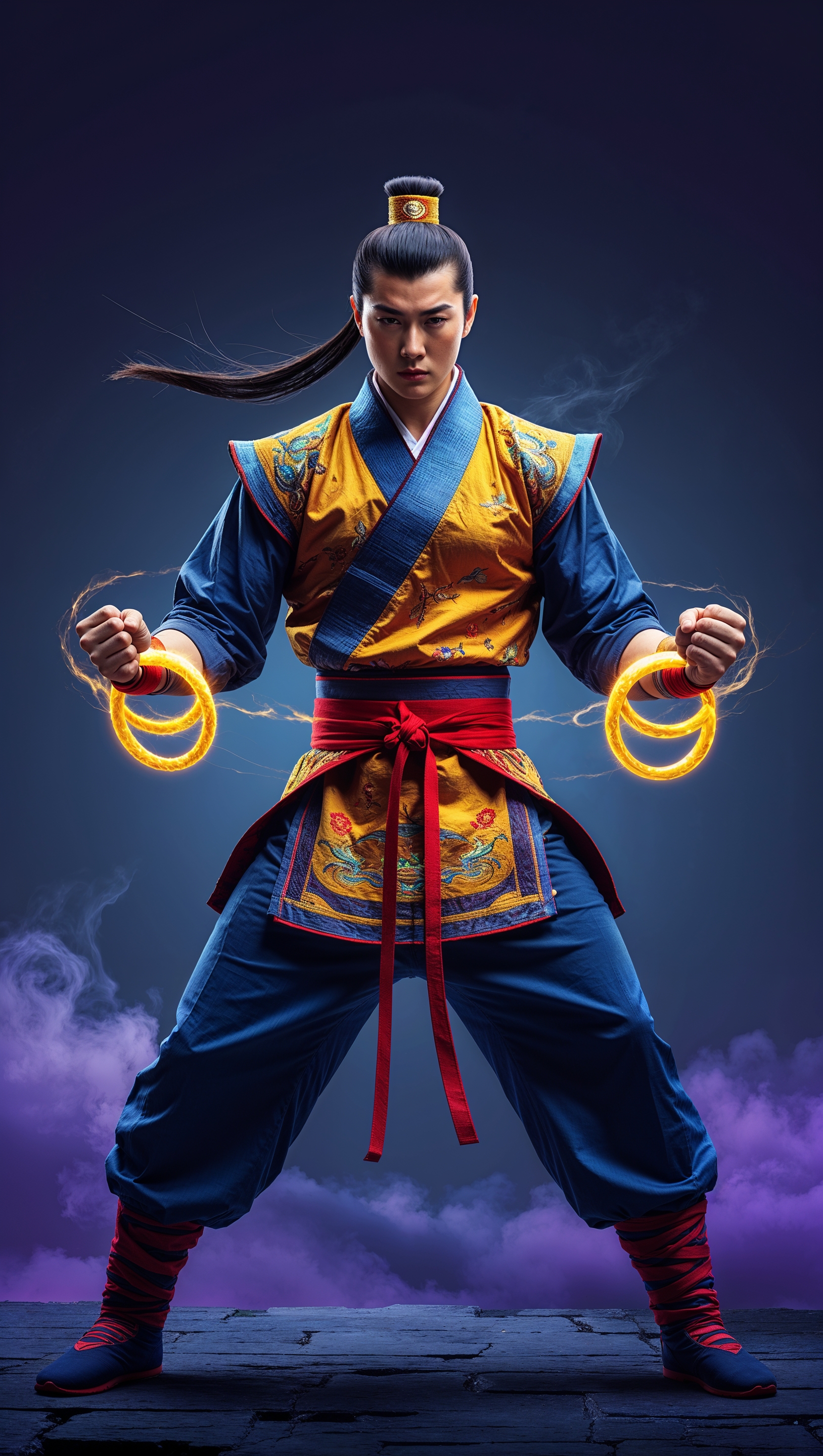 Shang-Chi in fighting stance with golden rings, iPhone wallpaper composition