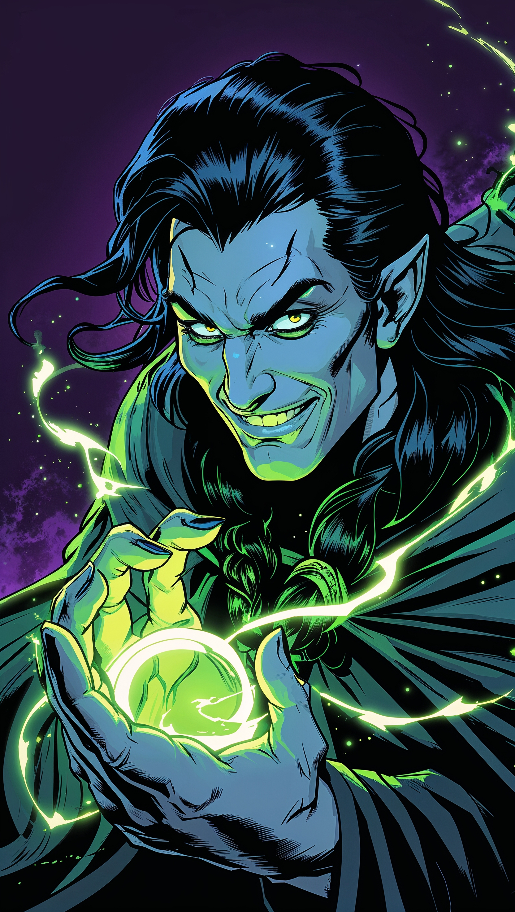 Loki with glowing green magic, mischief expression, iPhone screen wallpaper
