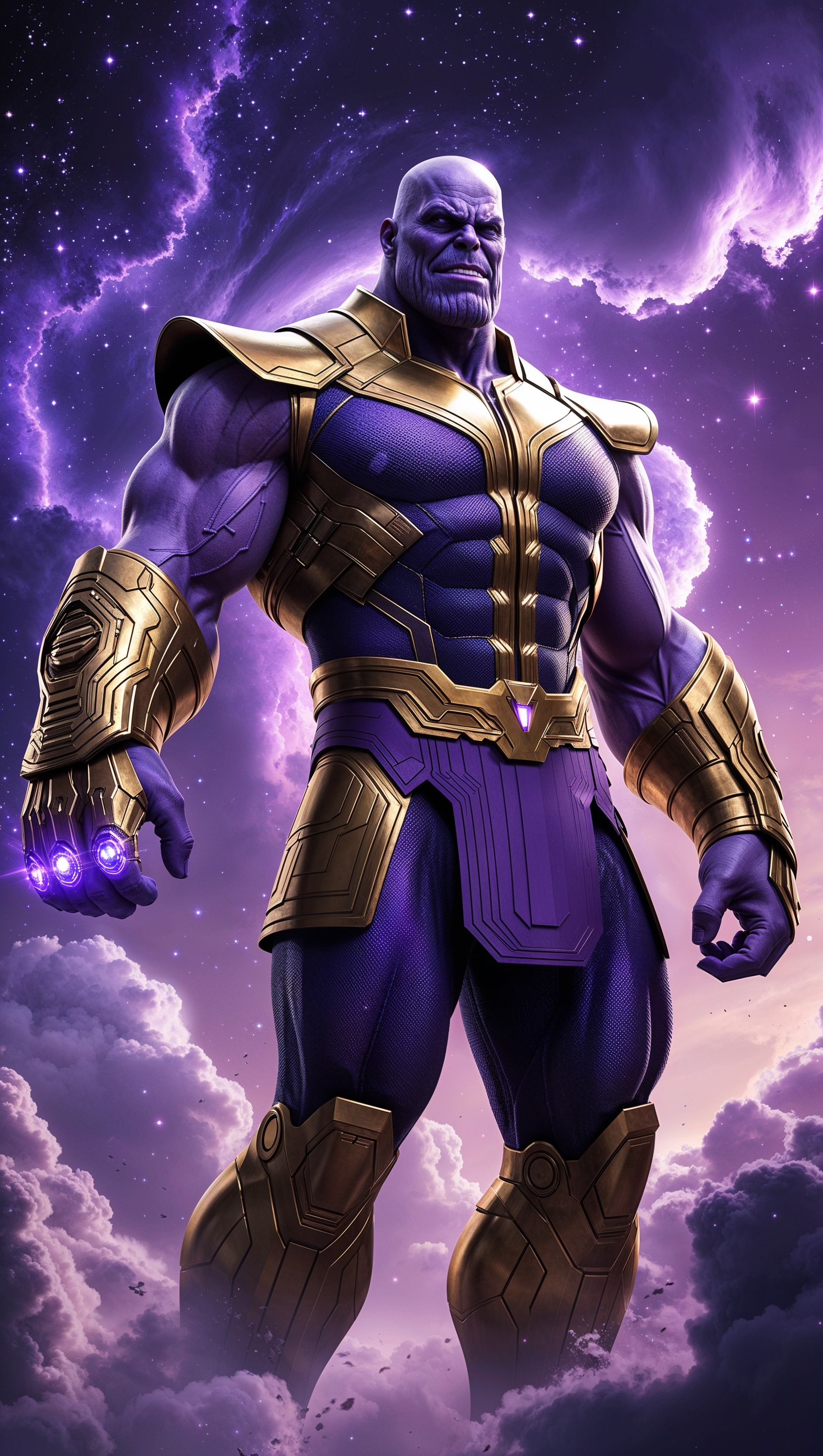 Thanos with Infinity Gauntlet, purple galaxy background, dark iPhone wallpaper