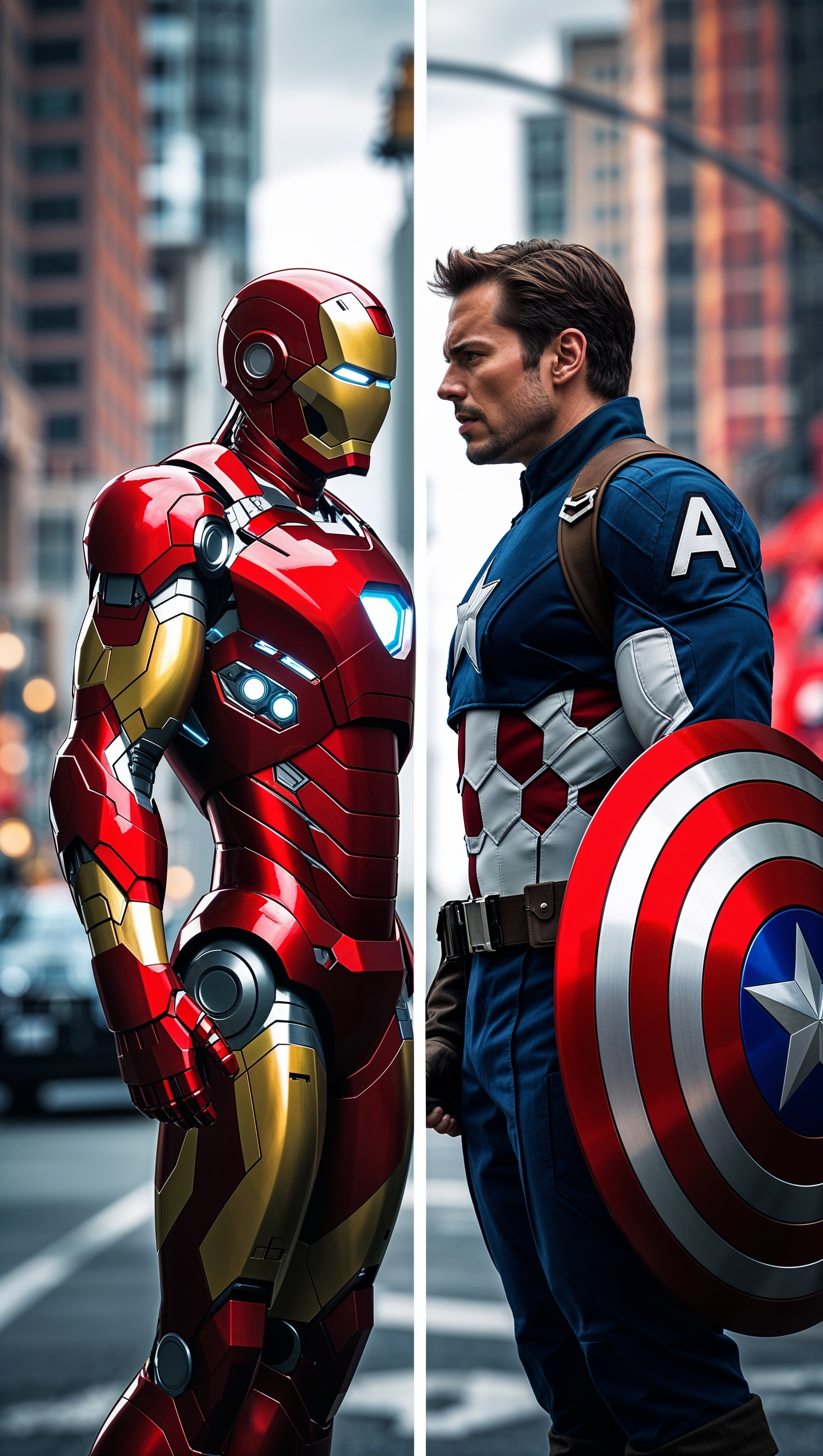 Split screen wallpaper: Iron Man vs Captain America, Civil War style