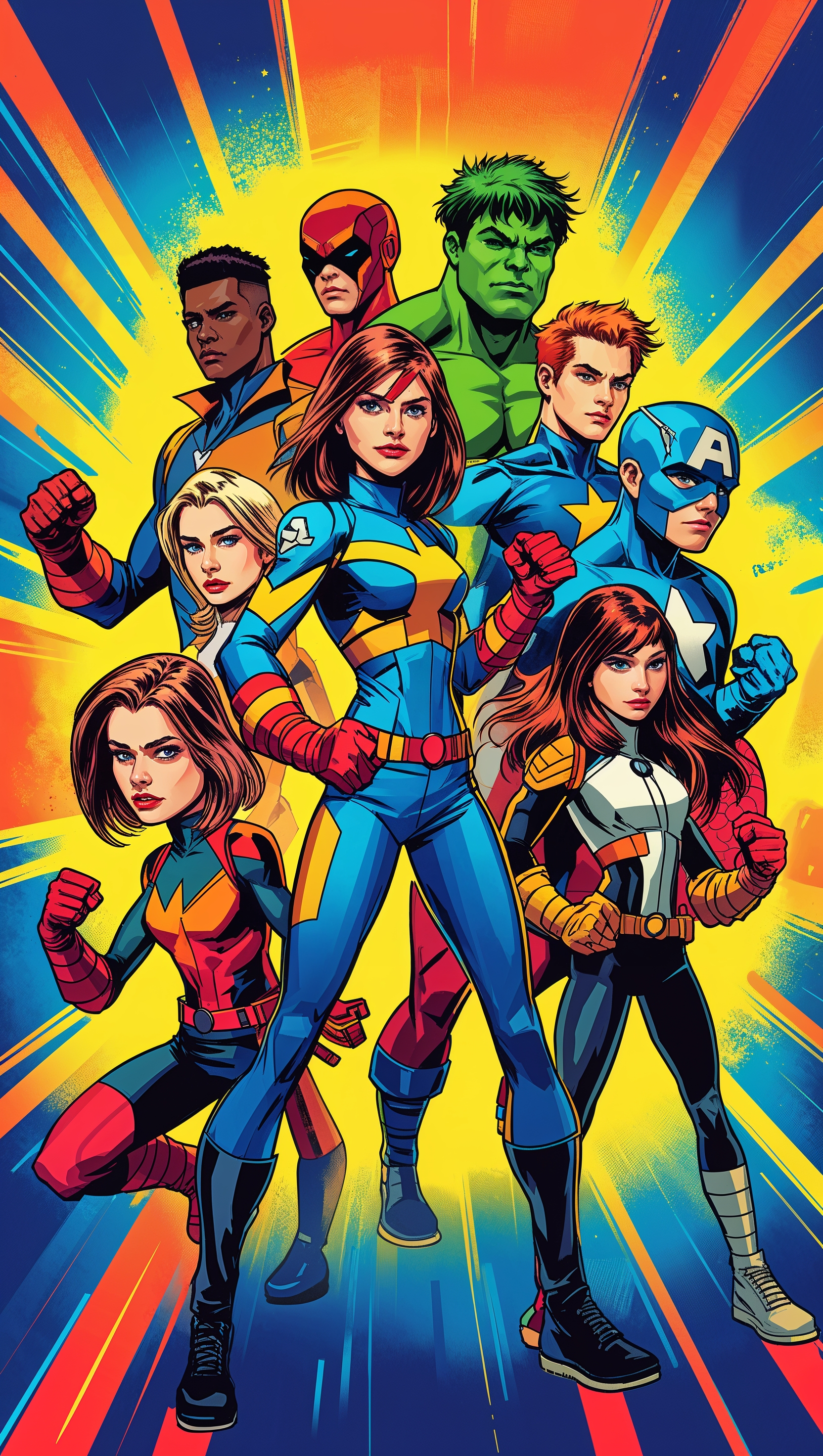 Young Avengers team in comic style, vibrant colors, fun iPhone background