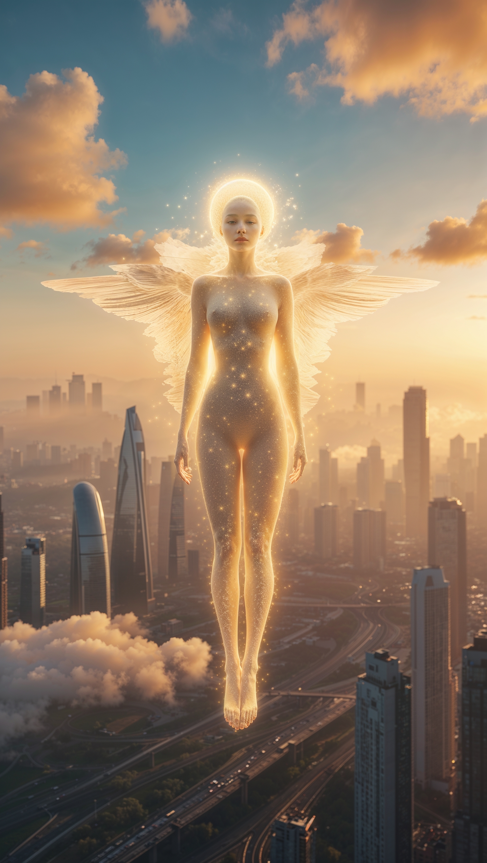Vision floating above a city, sunrise lighting, minimal iPhone wallpaper