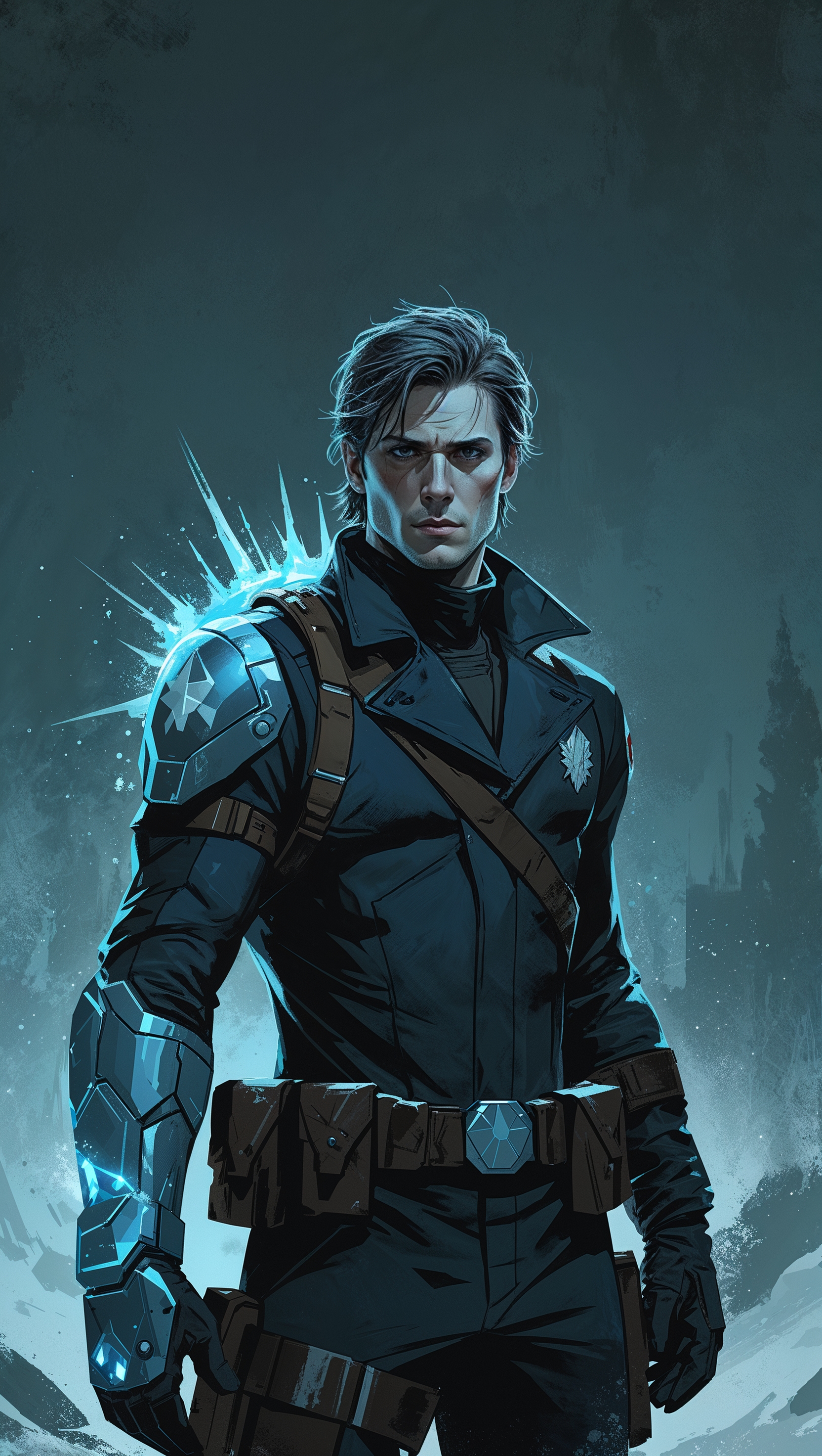 Winter Soldier with metal arm glowing, cold blue theme, iPhone lockscreen