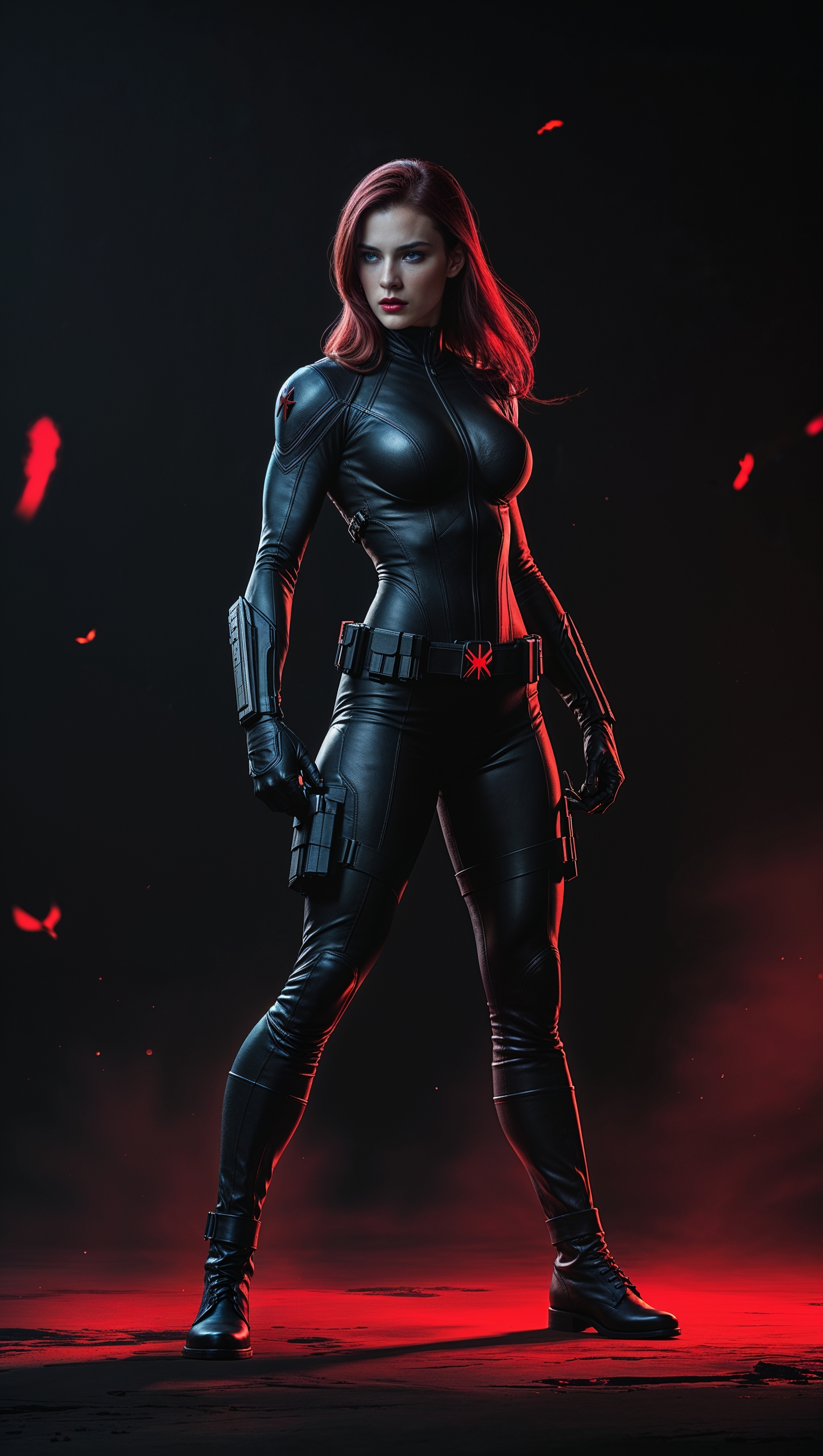 Black Widow in a stealth pose, dark background with red highlights, iPhone wallpaper