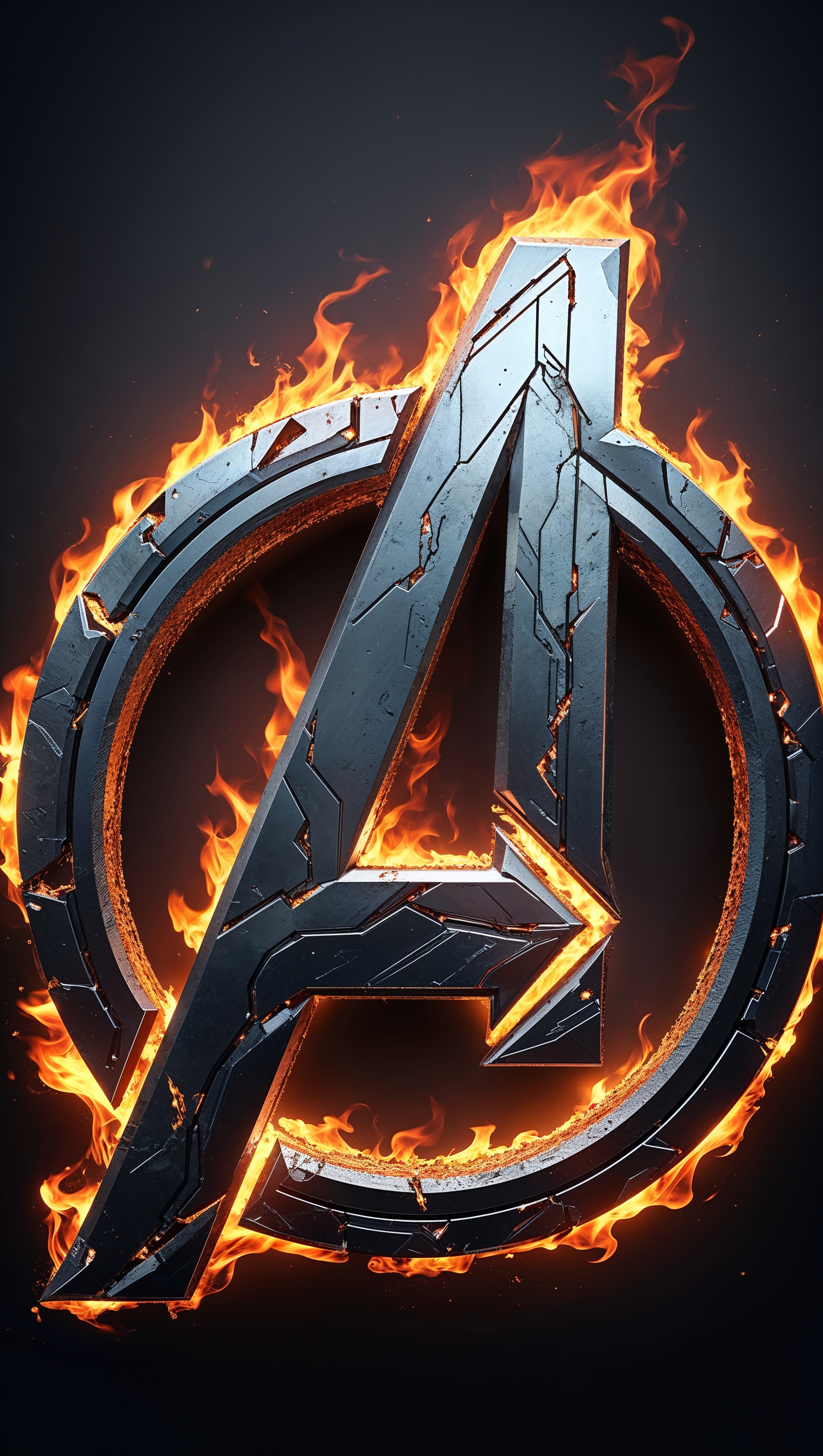 Avengers logo made of metal and fire, high contrast, for iPhone wallpaper