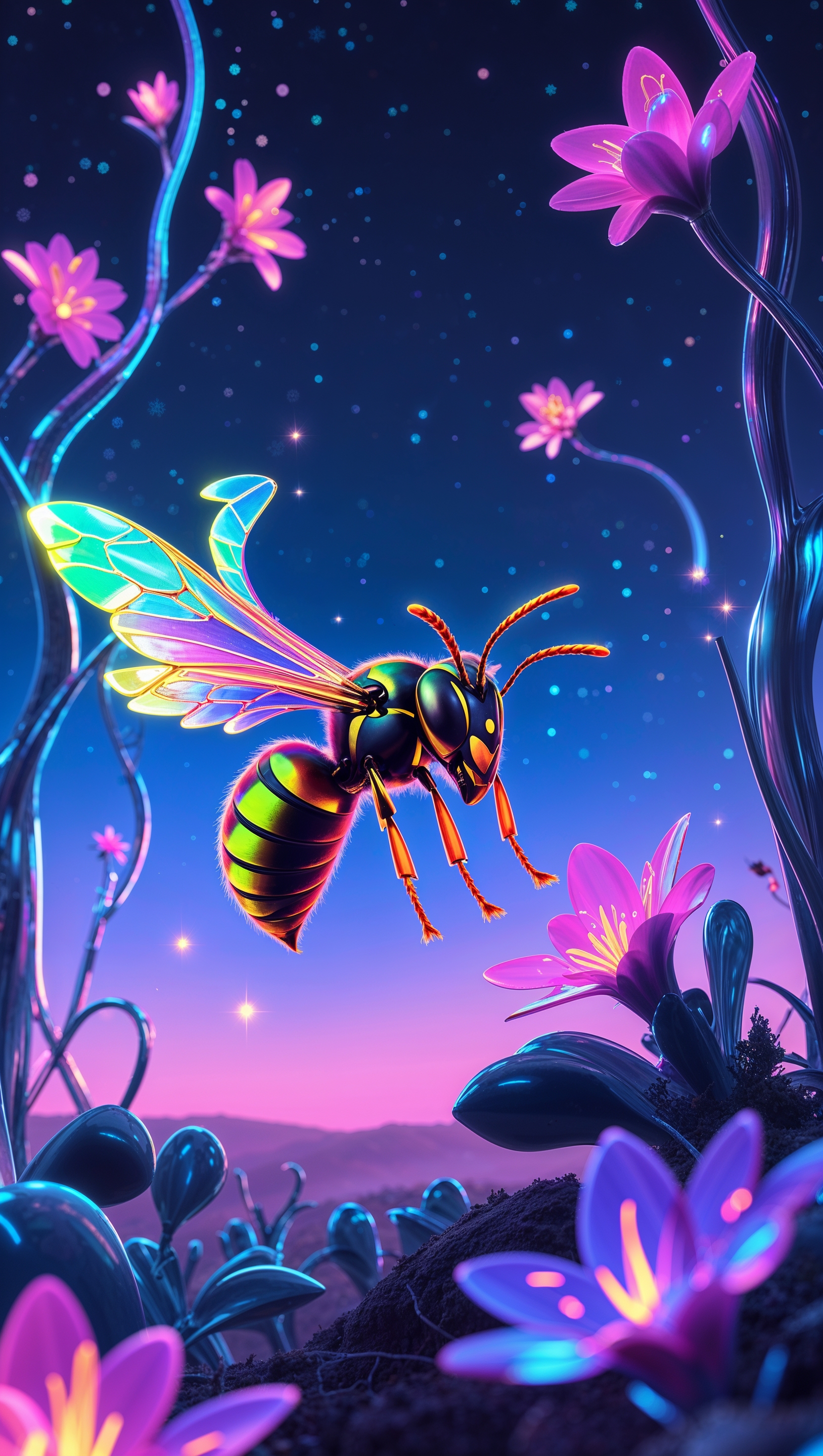 Wasp flying with glowing wings, floral sci-fi background, iPhone format