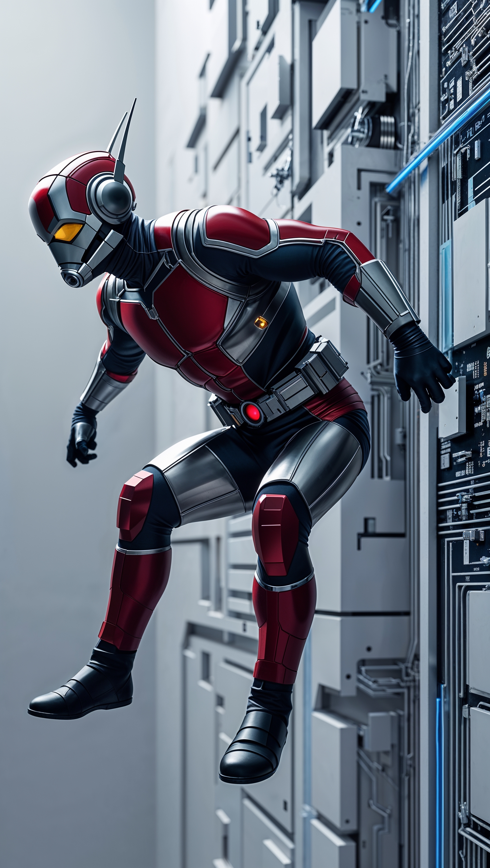 Ant-Man shrinking in mid-air, tech background, clean iPhone wallpaper design