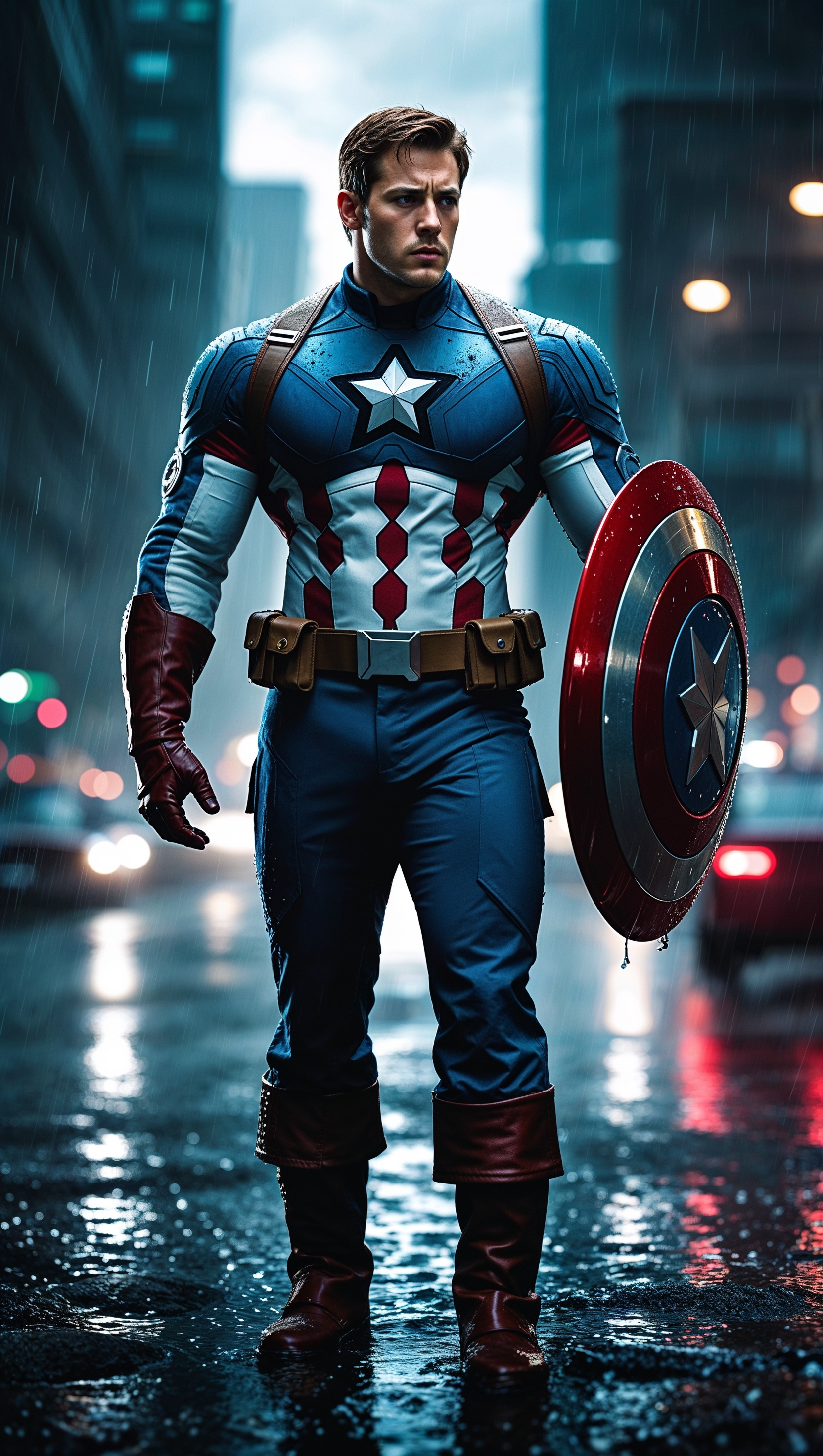 Captain America holding his shield under rain, cinematic lighting, iPhone wallpaper