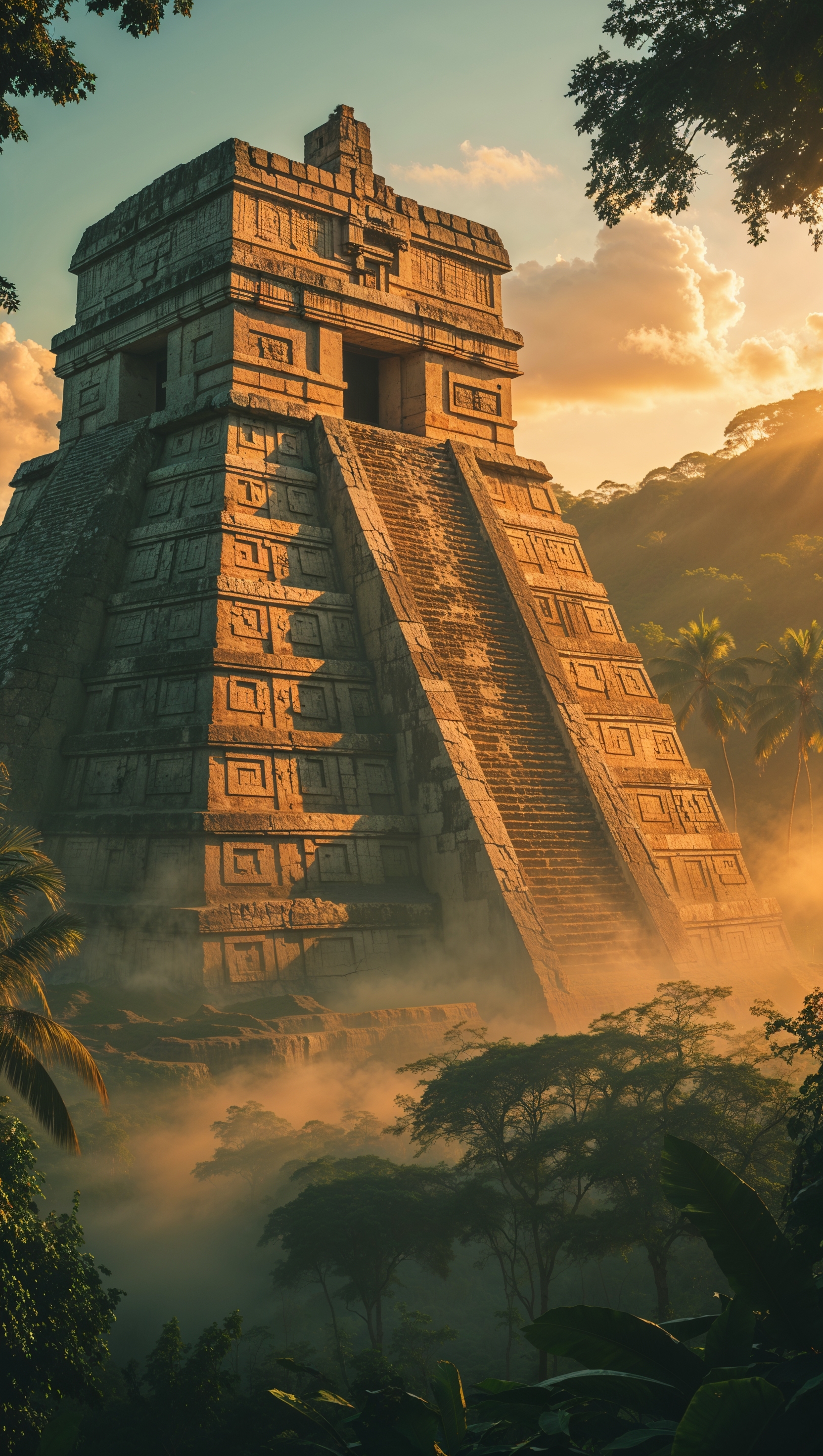 Aztec temple with sunrise lighting iPhone wallpaper