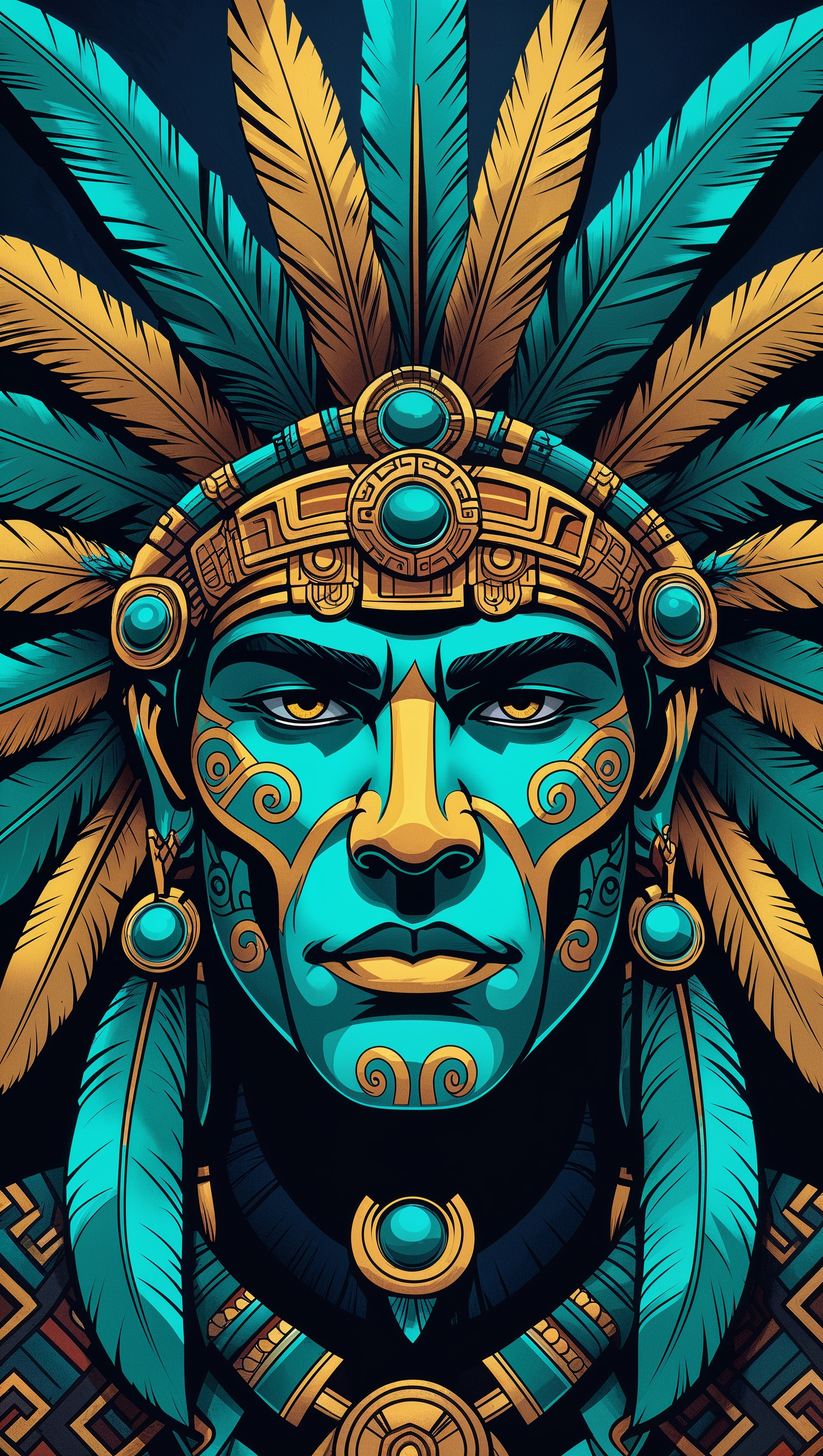 Graphic design of an Aztec warrior face in vibrant colors for iPhone