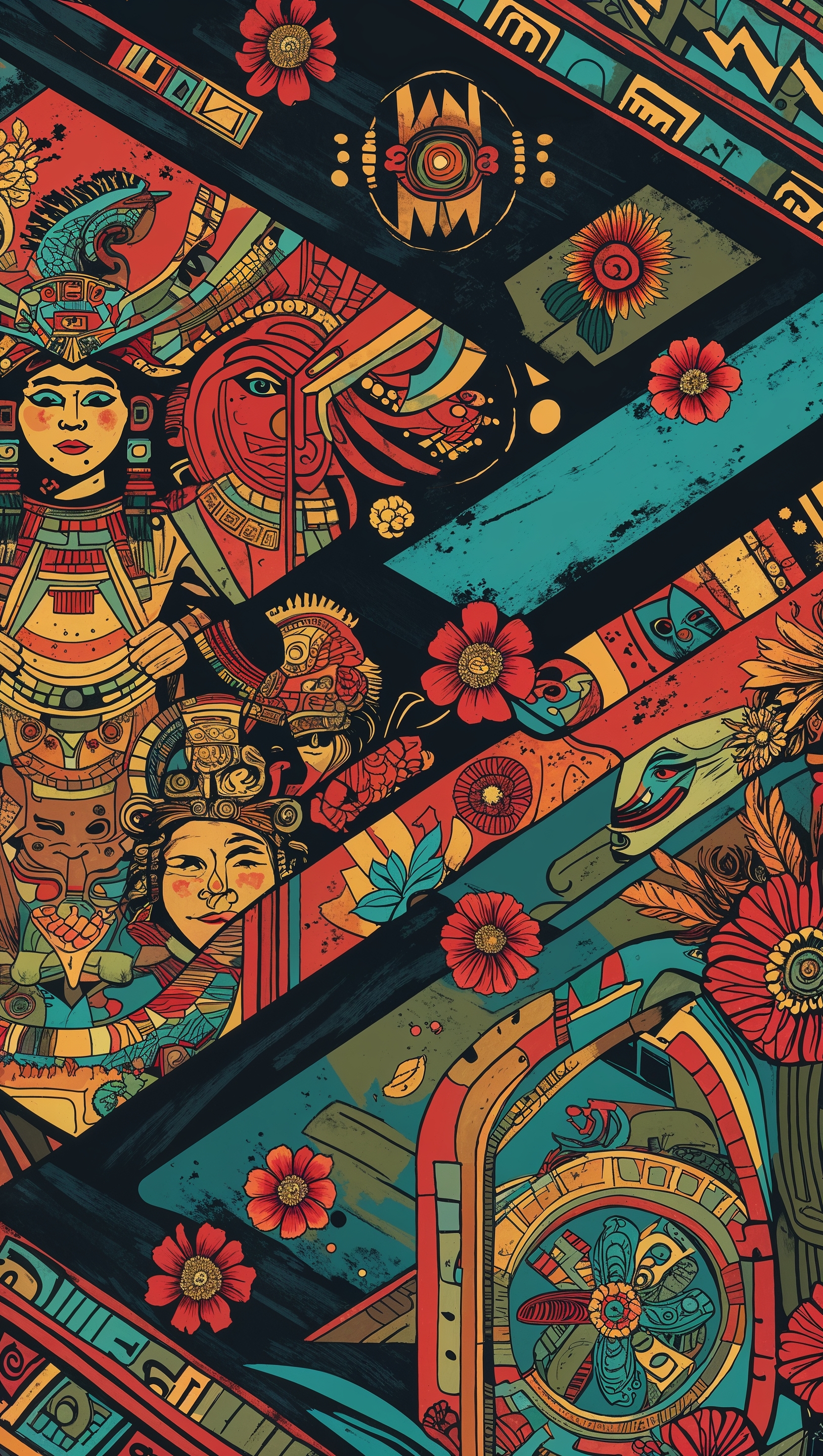 Aztec mural-style design on a gray background iPhone wallpaper