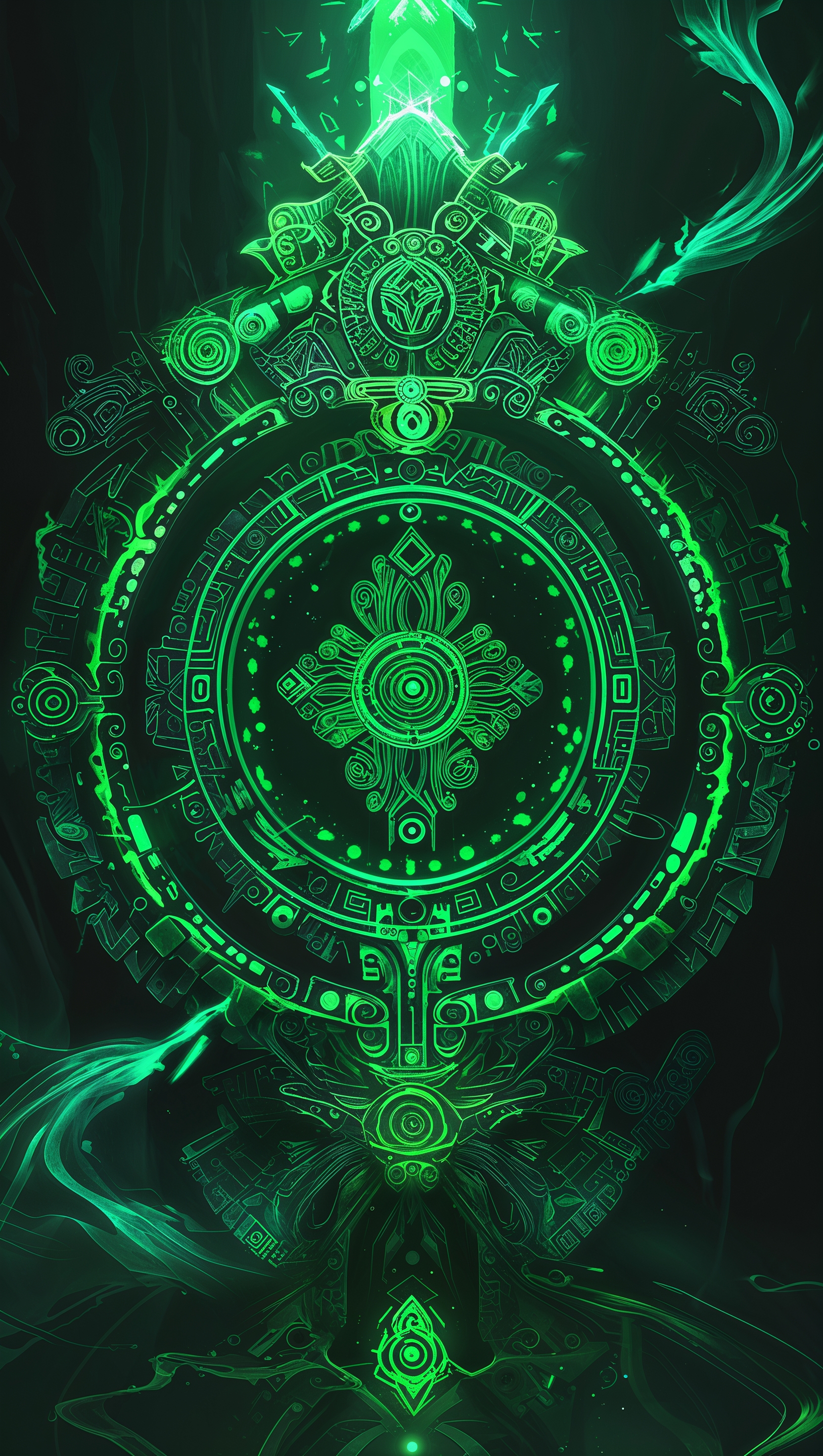 Mystical Aztec-style wallpaper with green lighting for iPhone