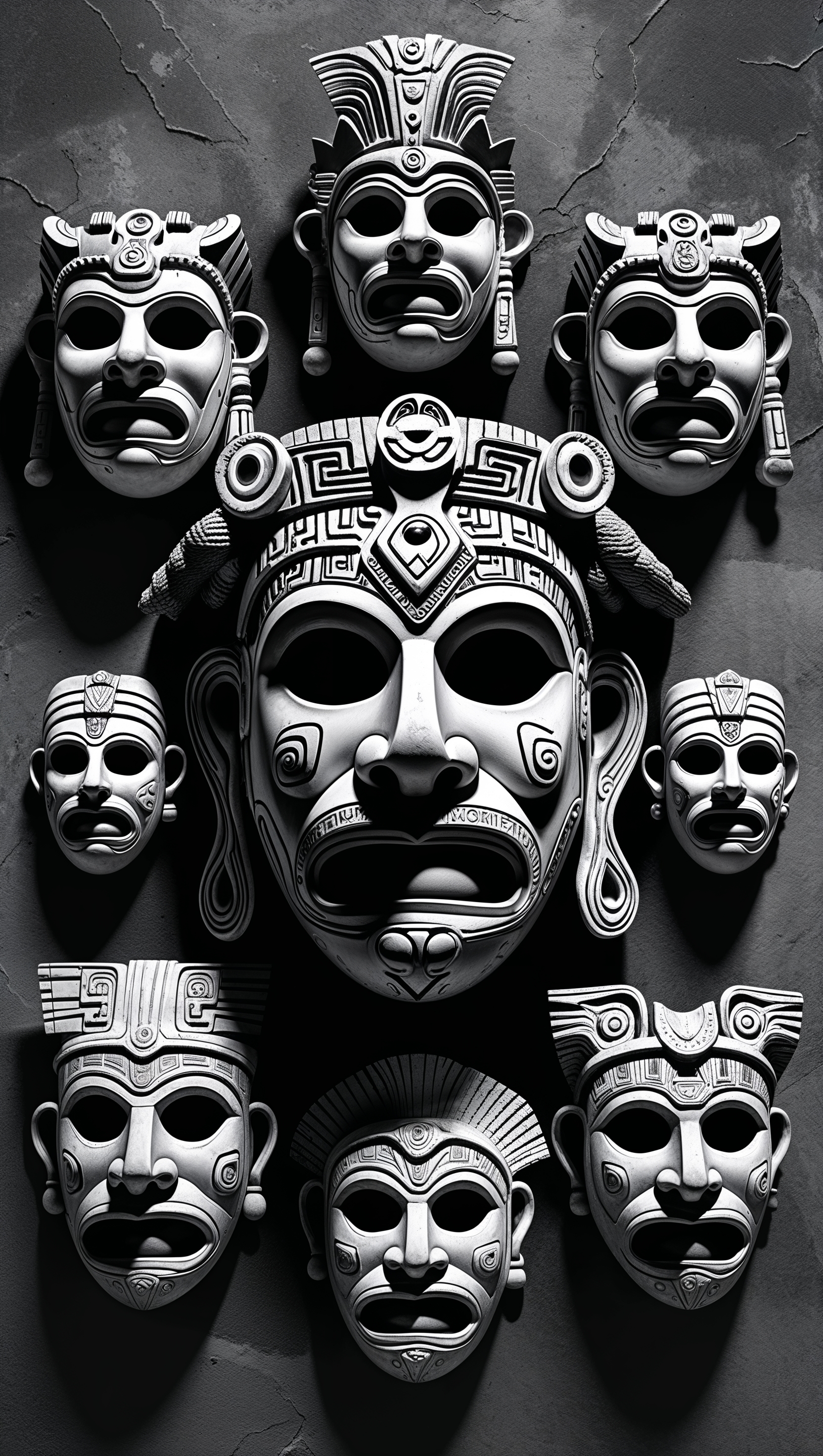 Black and white design of ancient Aztec masks for iPhone wallpaper