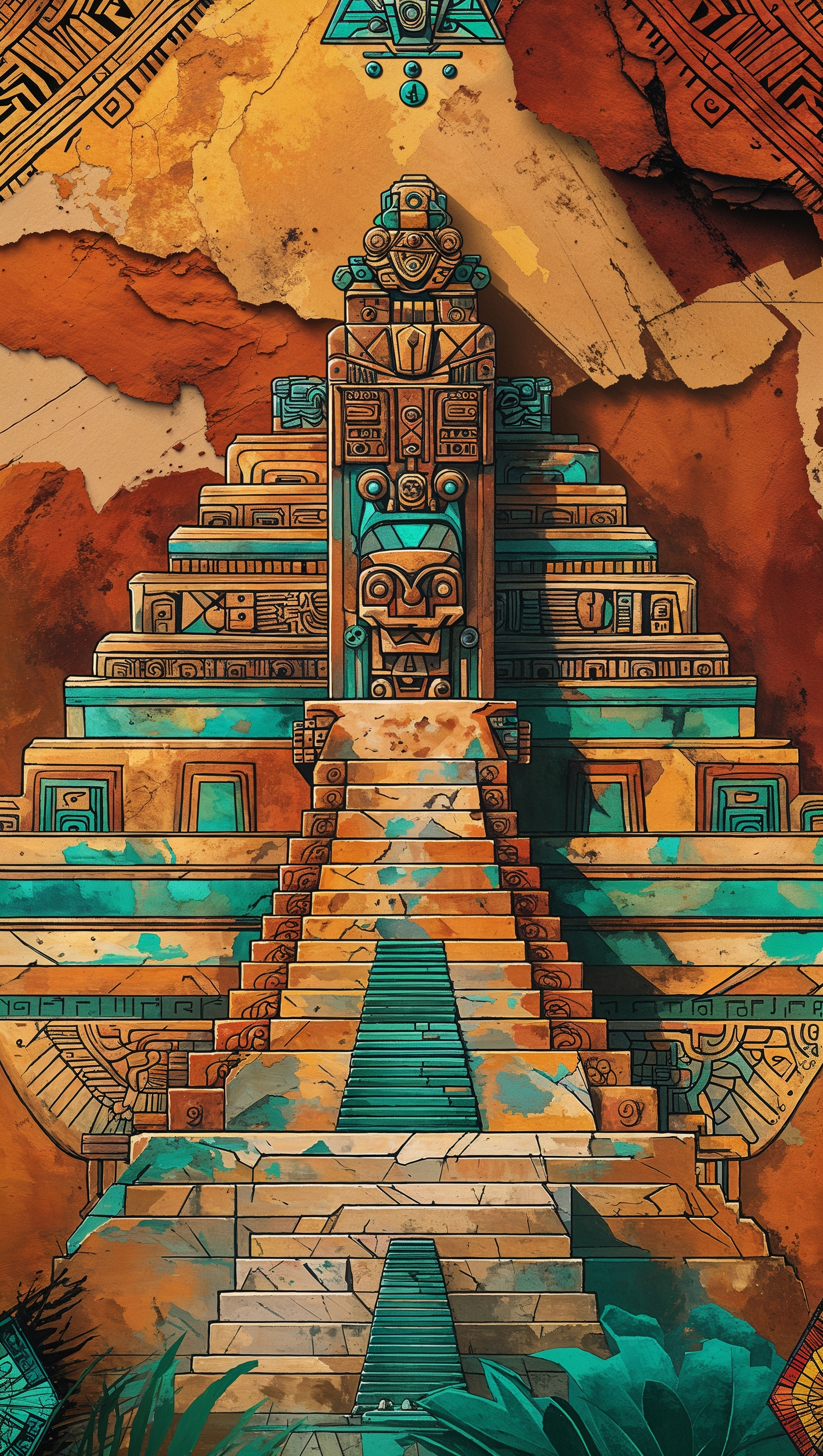 Wallpaper with combined Mayan and Aztec motifs in ancient style for iPhone