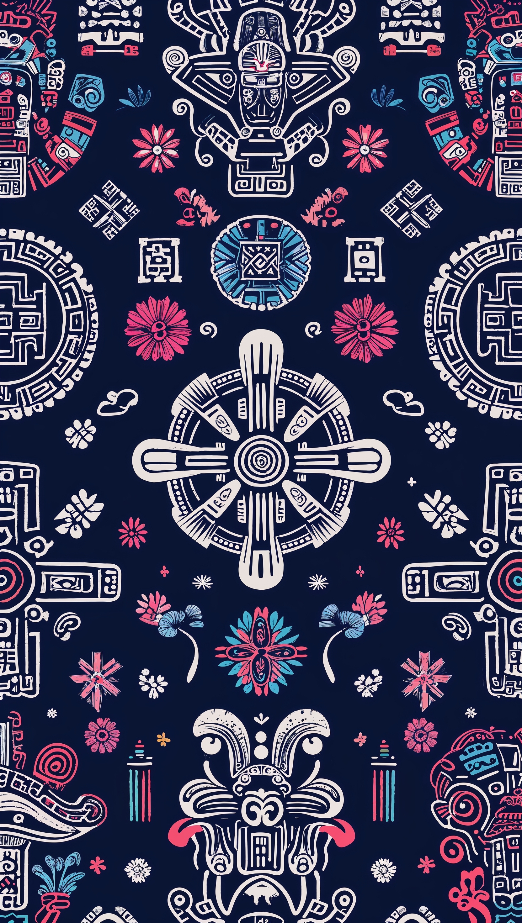 Simple line art of Aztec symbols on dark blue background iPhone wallpaper