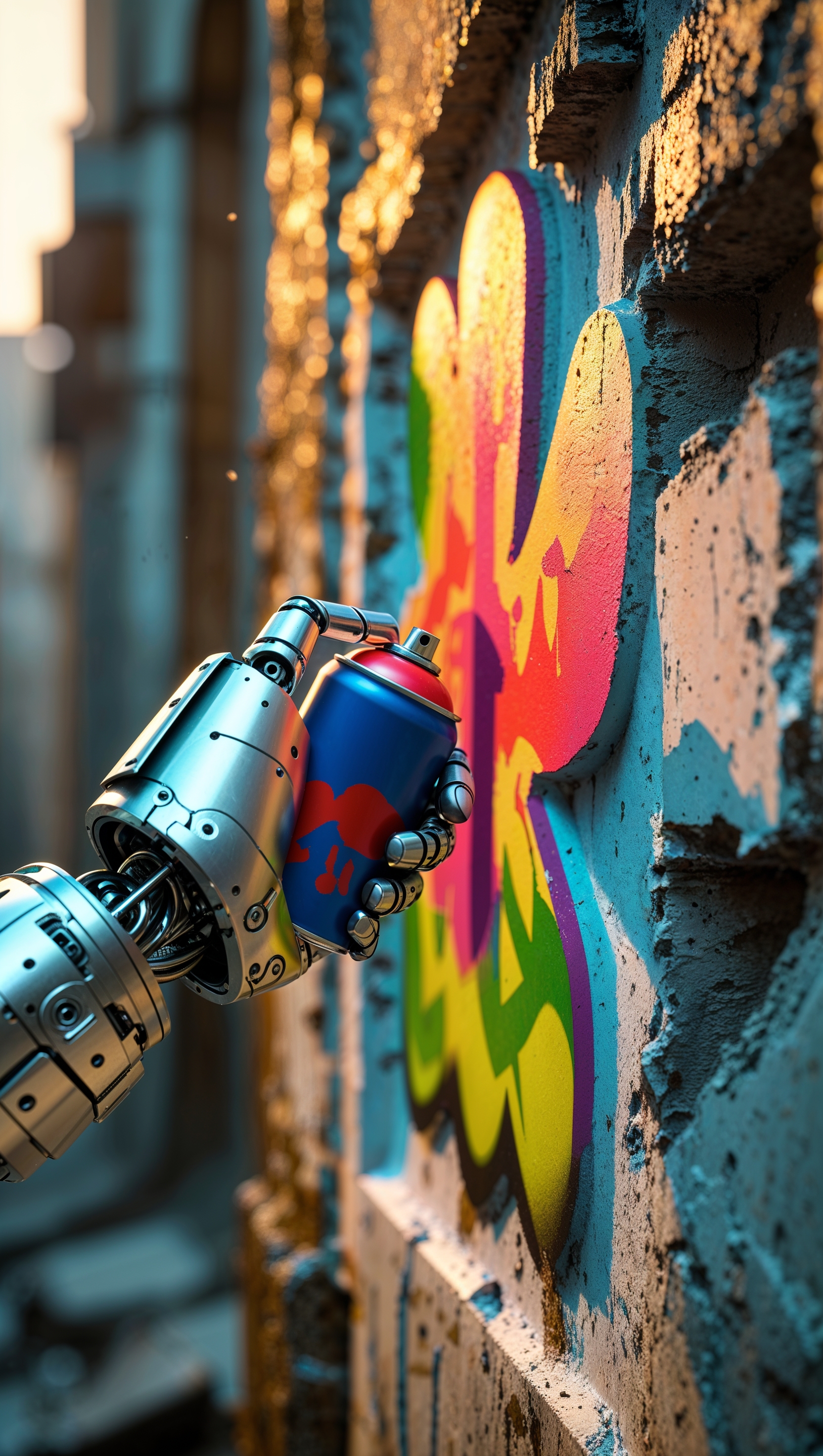A city wall with a robotic hand painting graffiti, Banksy style