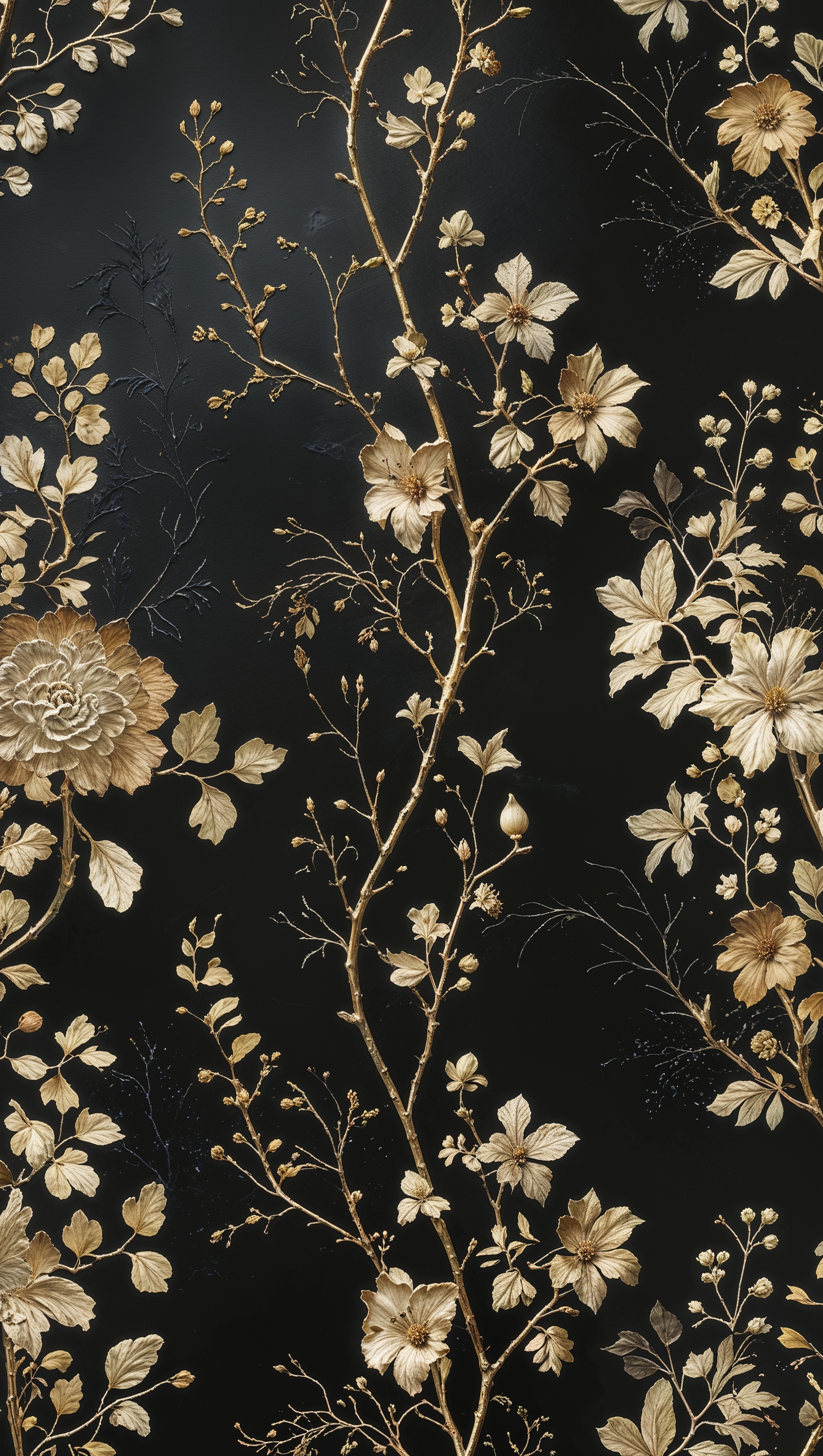 Generate a black and gold wallpaper with realistic nature designs