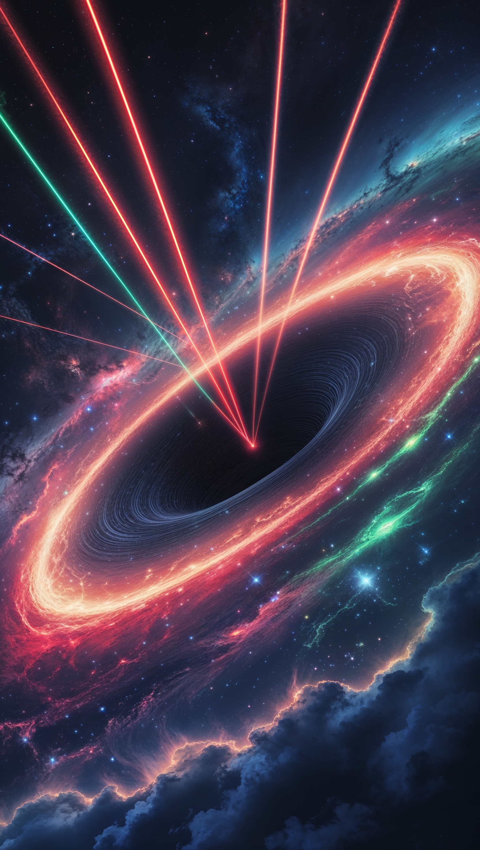 An abstract wallpaper of a black hole transforming into a galaxy