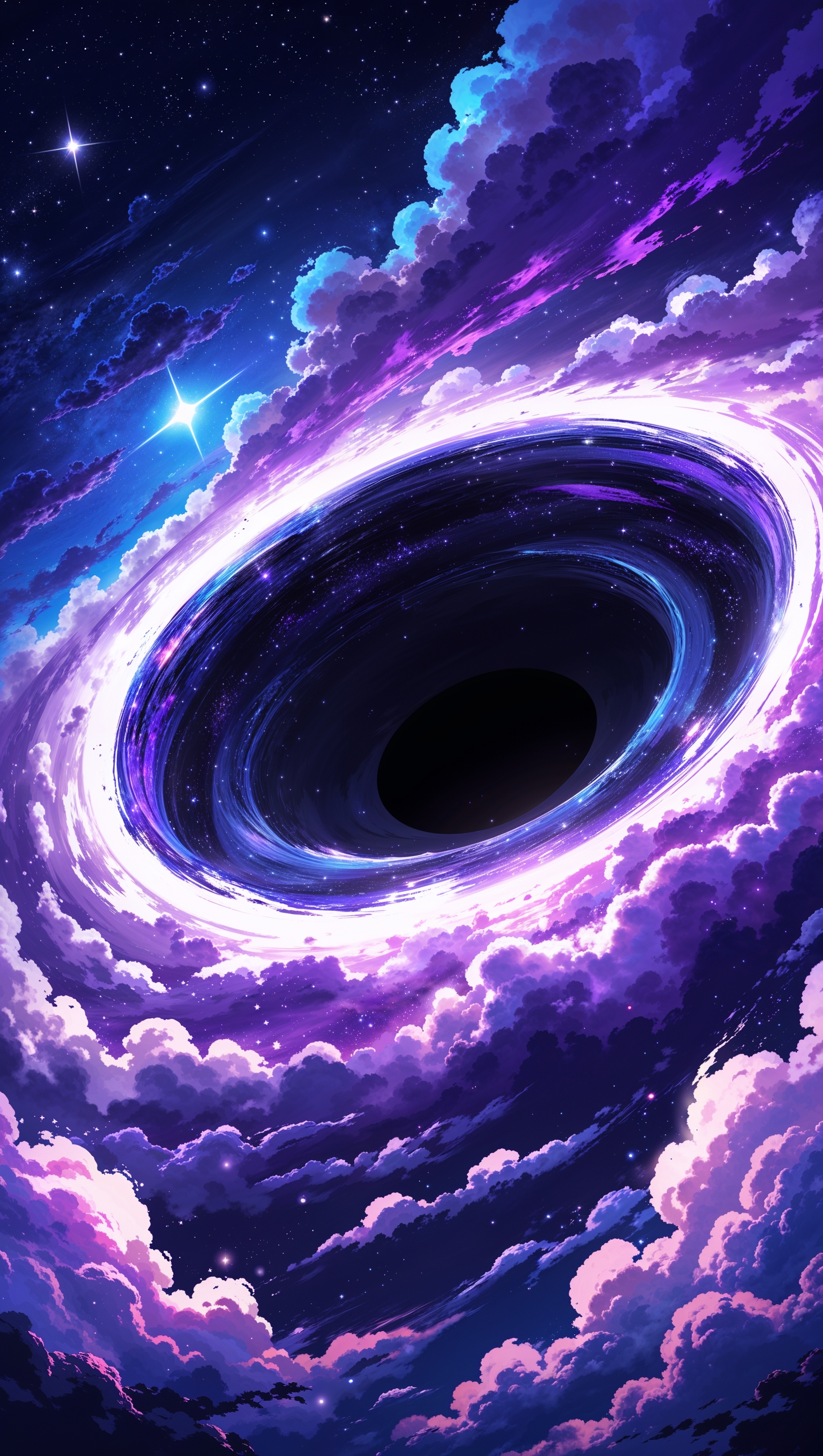 A black hole wallpaper combining anime style with cosmic space