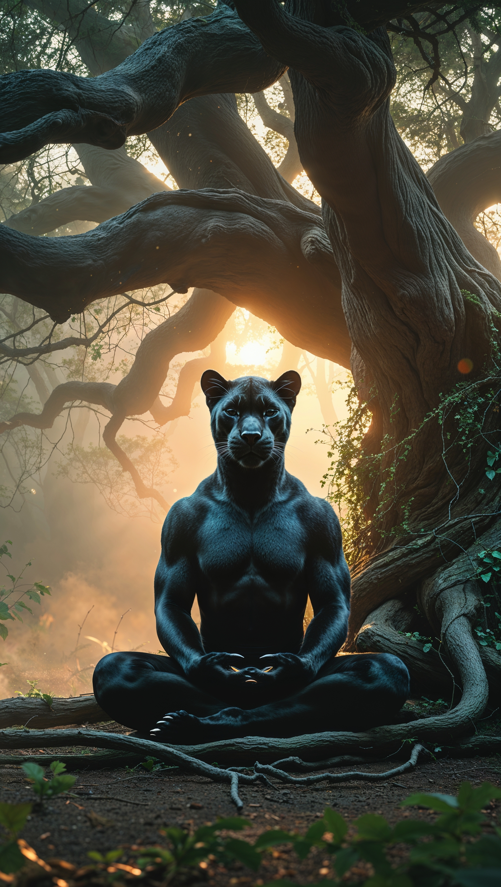 Black Panther meditating under a tree, spiritual theme, iPhone wallpaper