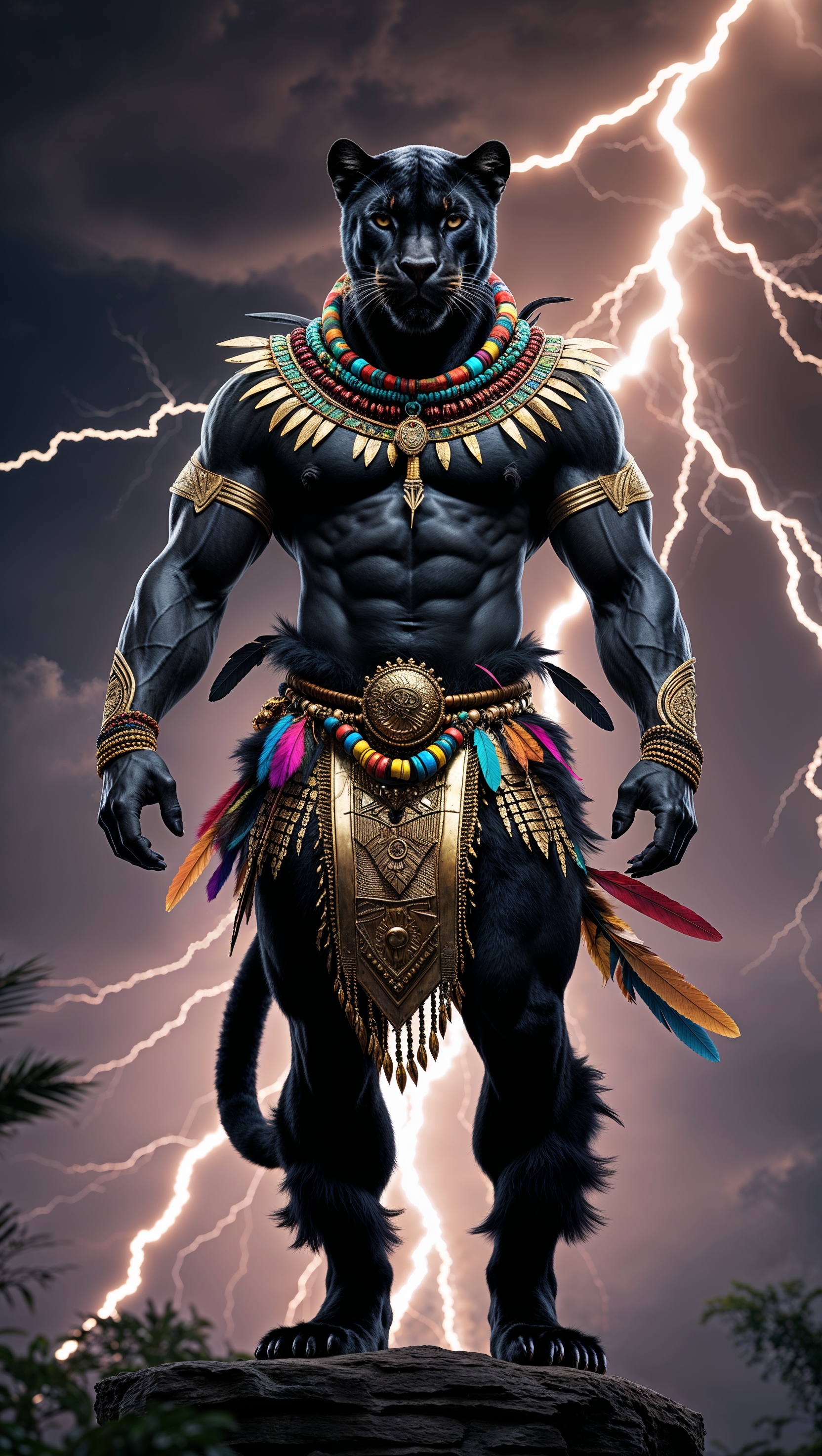 Black Panther in tribal armor, standing with lightning behind him, epic style