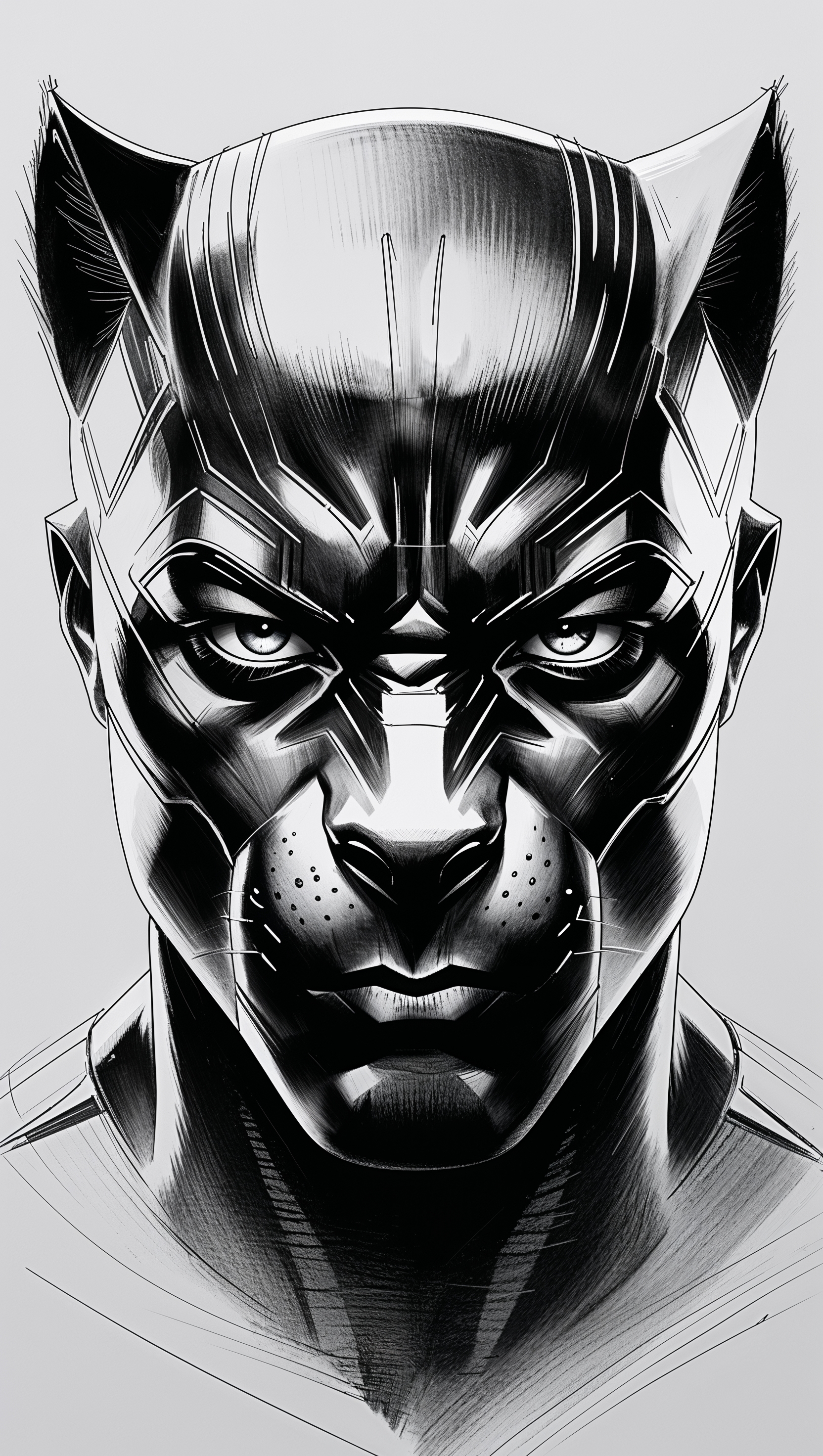 Sketch drawing of Black Panther face, pencil art style, clean wallpaper