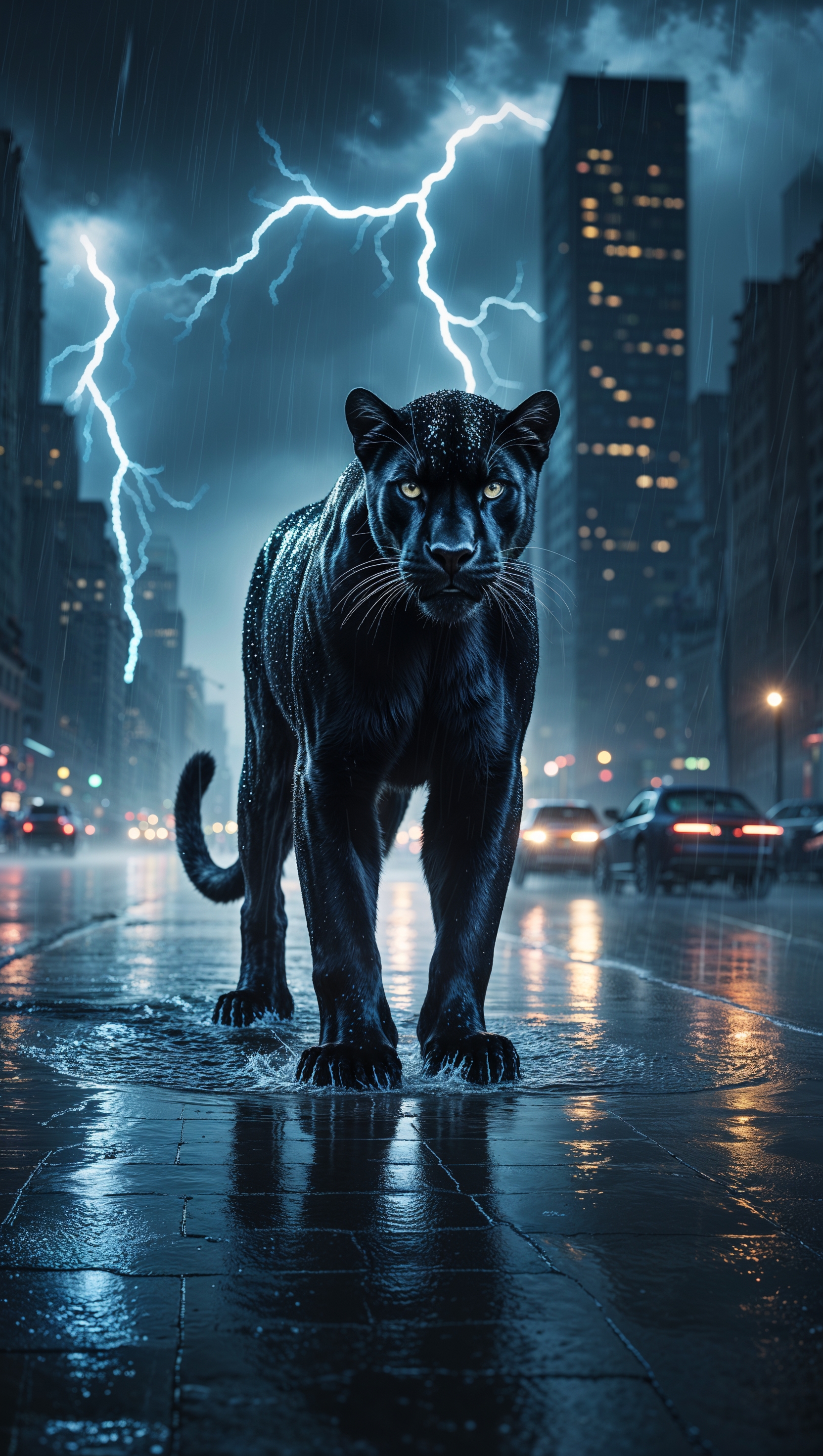 Black Panther standing in rain, dramatic lighting, rainy night theme