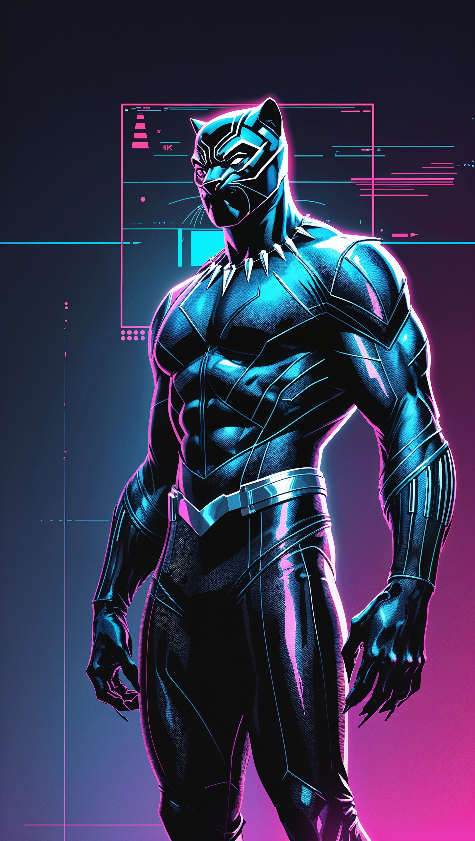 Retro 80s style Black Panther with neon lights and VHS effect