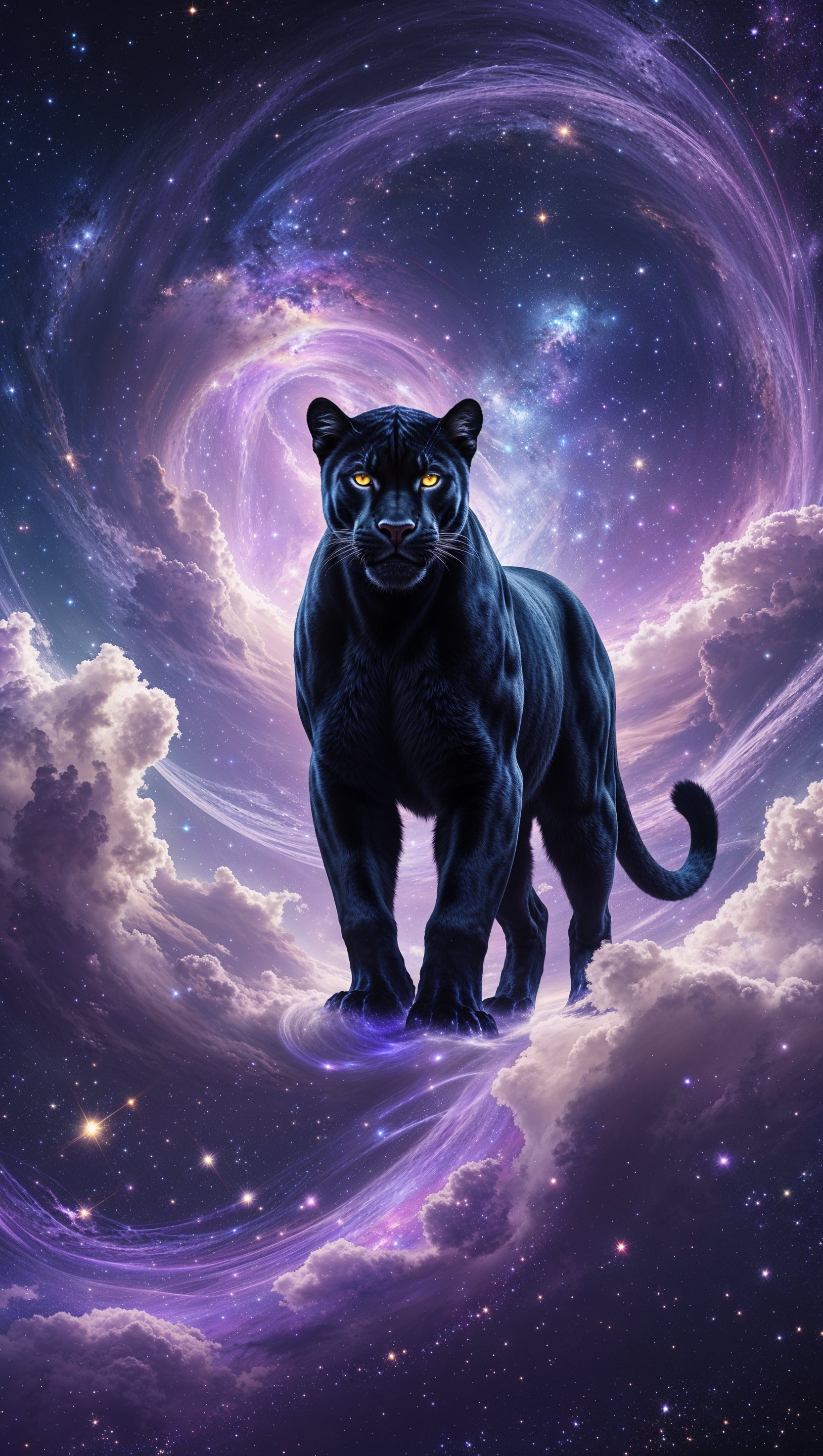 Black Panther in galaxy background, stars and cosmic energy