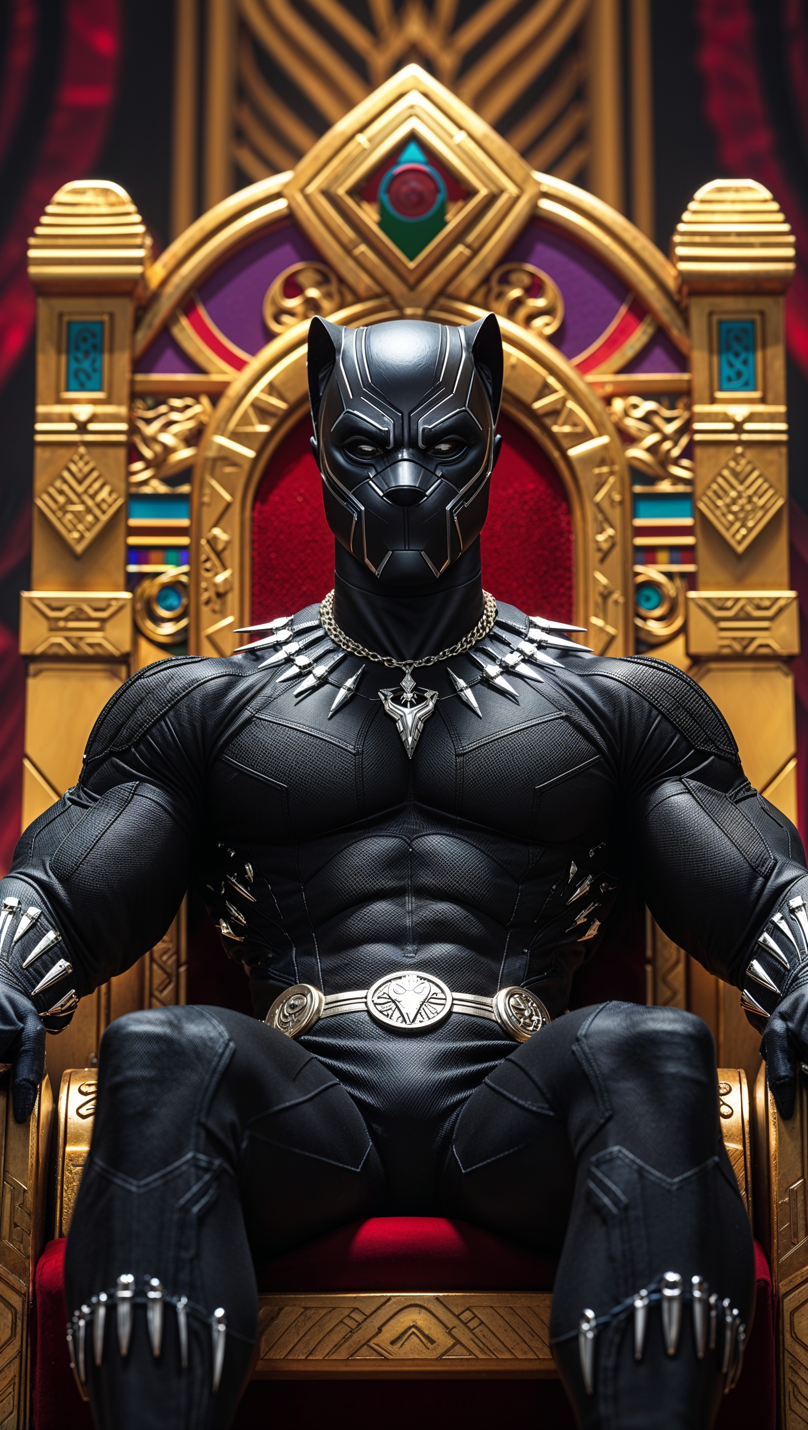 Black Panther on the Wakandan throne, royal and powerful atmosphere
