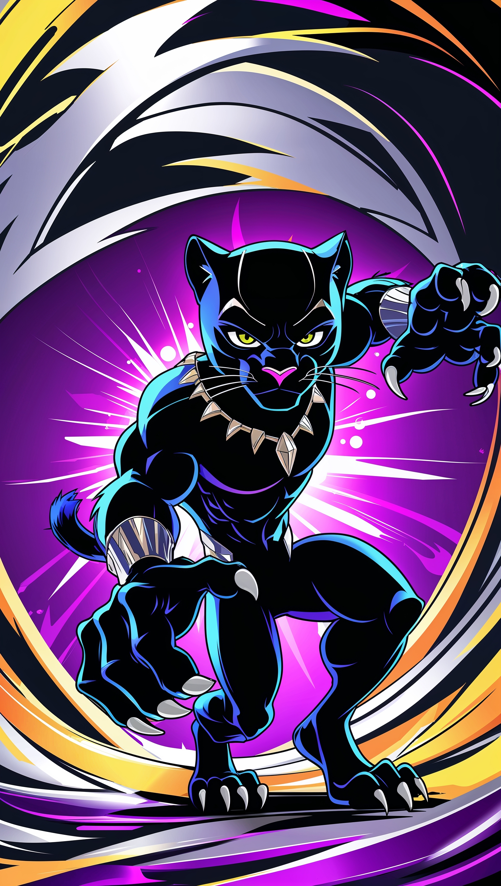 Cartoon Black Panther in action pose, vibrant colors, cute wallpaper for iPhone