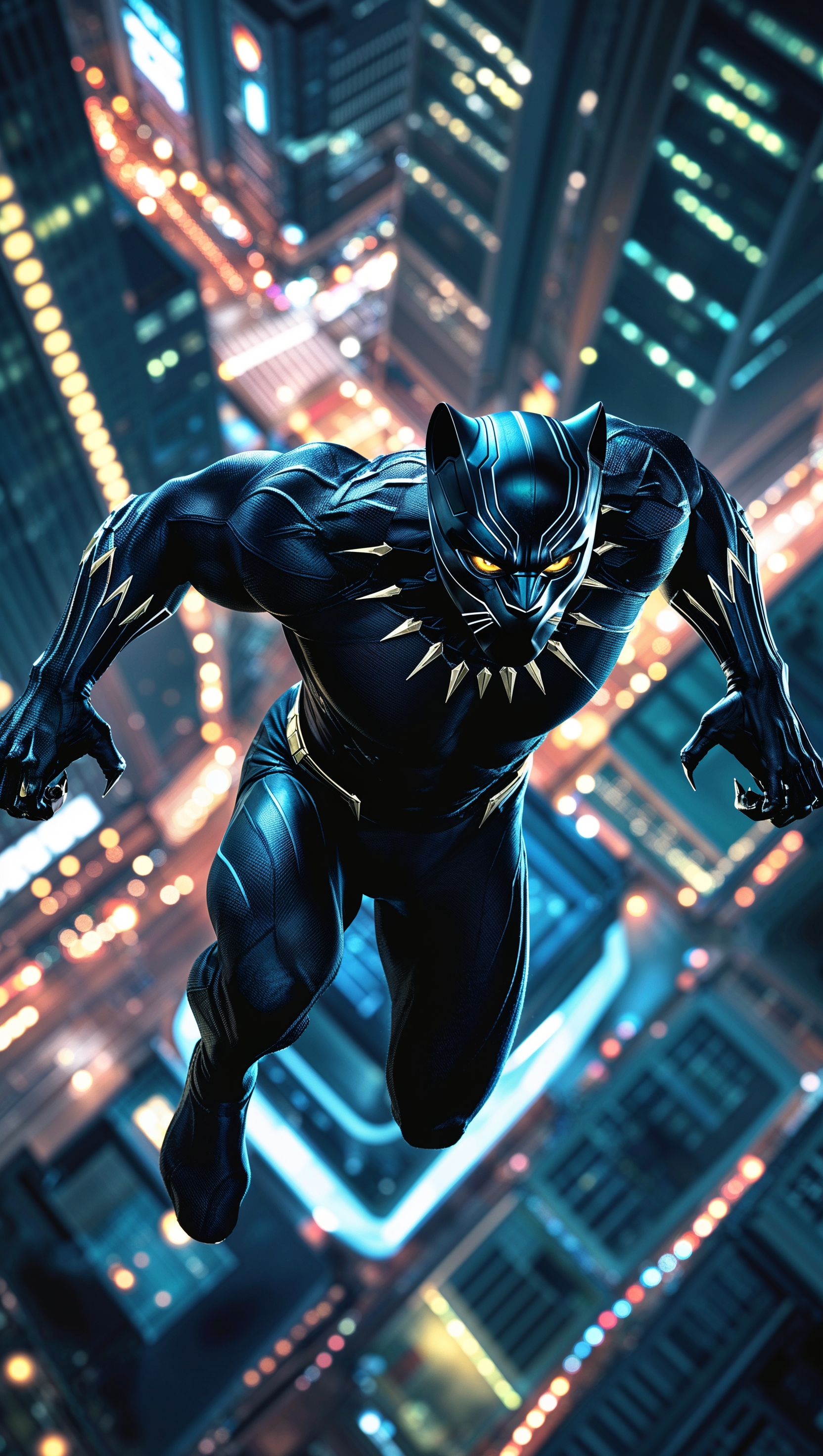 Black Panther jumping from a skyscraper at night, cinematic style