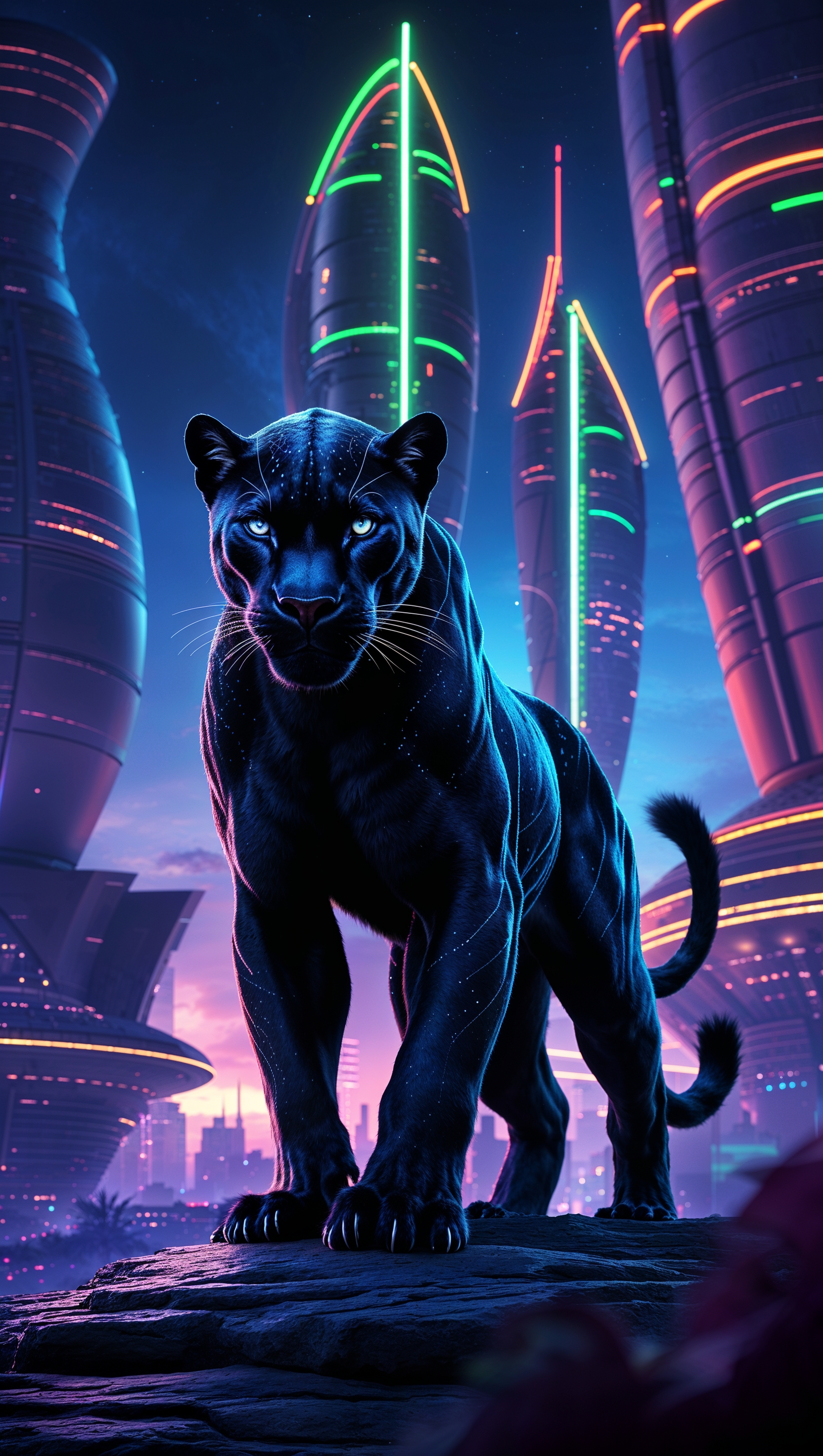 Black Panther in Wakanda city at night, glowing lights, futuristic look, iPhone wallpaper