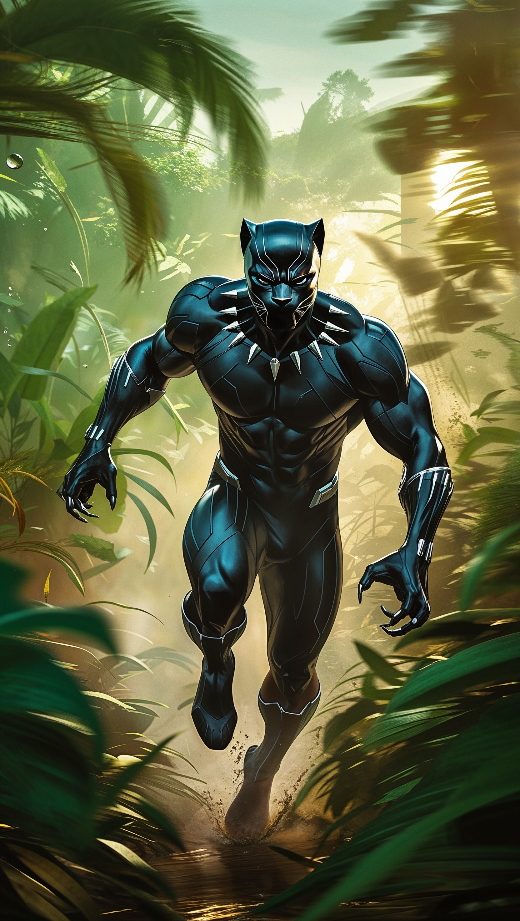 Black Panther running through the jungle, motion blur effect, 4K iPhone wallpaper