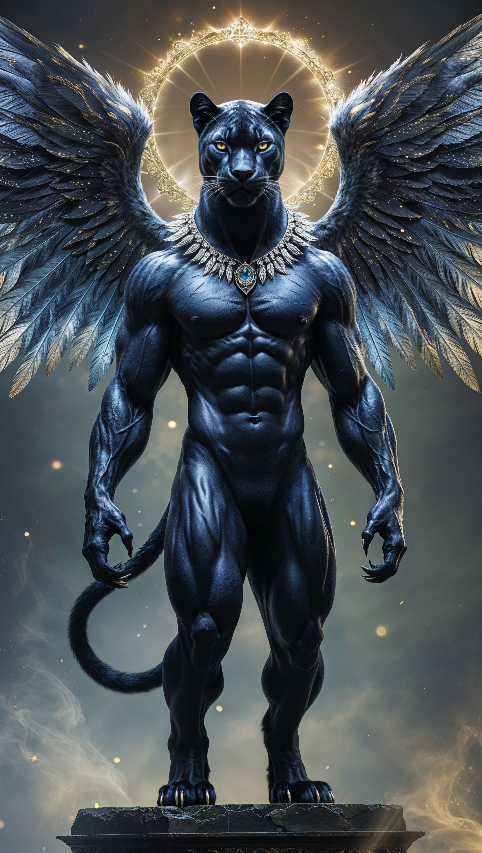 Black Panther with wings, fantasy design, angelic warrior look